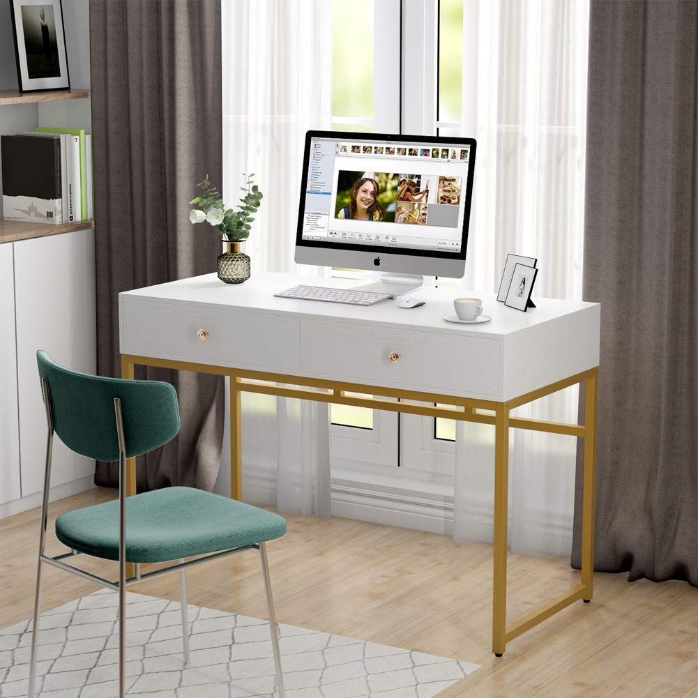 Tribesigns 47-inch Modern Computer Desk with 2 Storage Drawers - Home Office Desk, Study Table, Writing Desk & Makeup Vanity in White & Gold | Perfect for Small Spaces, Gaming Setup & Work from Home