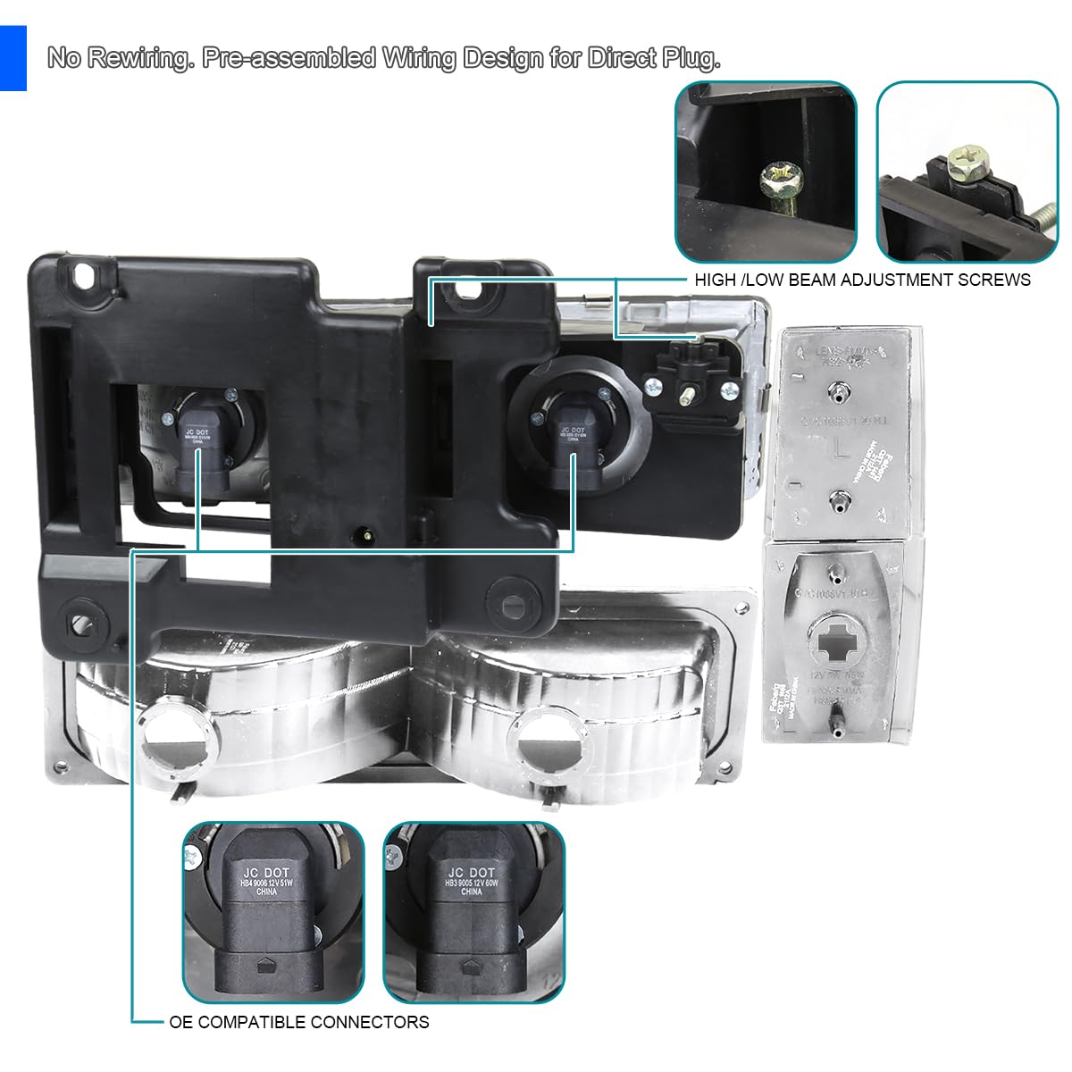 Spec-D Tuning Chrome Headlights, Bumper Lights & Corner Lights for 1988-1993 Chevy C10 Pickup C/K 1500 2500 3500 Silverado Sierra - Left & Right Headlamp Assembly - Upgrade Your Truck's Style & Night Visibility (Perfect for Off-Roading, Night Driving & Car Shows)