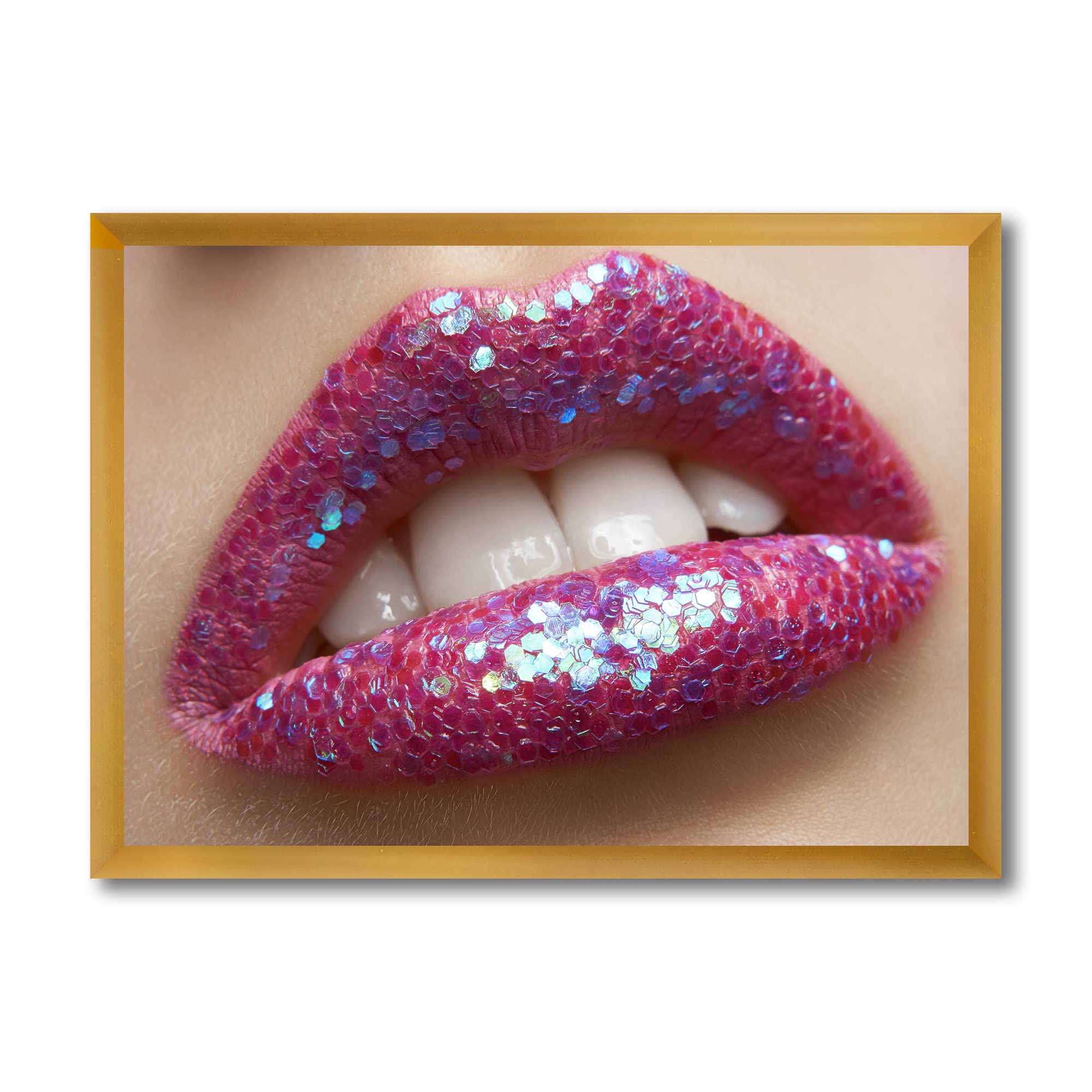 Pink Lipstick and Sequins Modern Framed Wall Art for Women - Elegant Home Decor for Living Room, Bedroom & Office