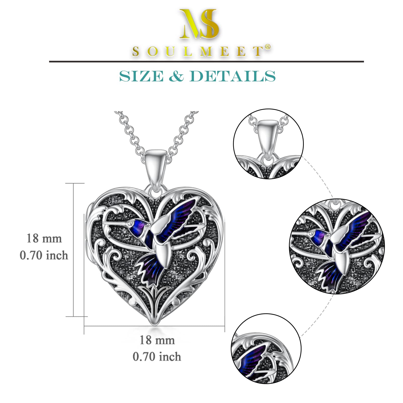 SOULMEET Sterling Silver Heart Shaped Epoxy Resin Locket Necklace - Butterfly/Peacock/Hummingbird/Lotus/Rose Designs with Photo Insert, Personalized Jewelry Gift for Women | Perfect for Anniversaries, Valentine's Day & Mother's Day Gifts