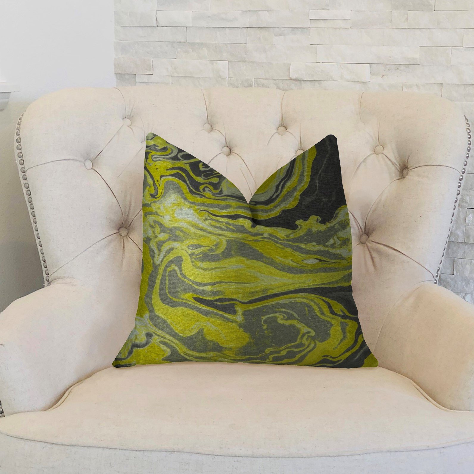 Plutus Medici Marble Ink Handmade Throw Pillow 20x30 Inches - Luxury Queen Size Decorative Cushion in Yellow, Gray & Black - Perfect for Sofa, Bedroom & Living Room Decor