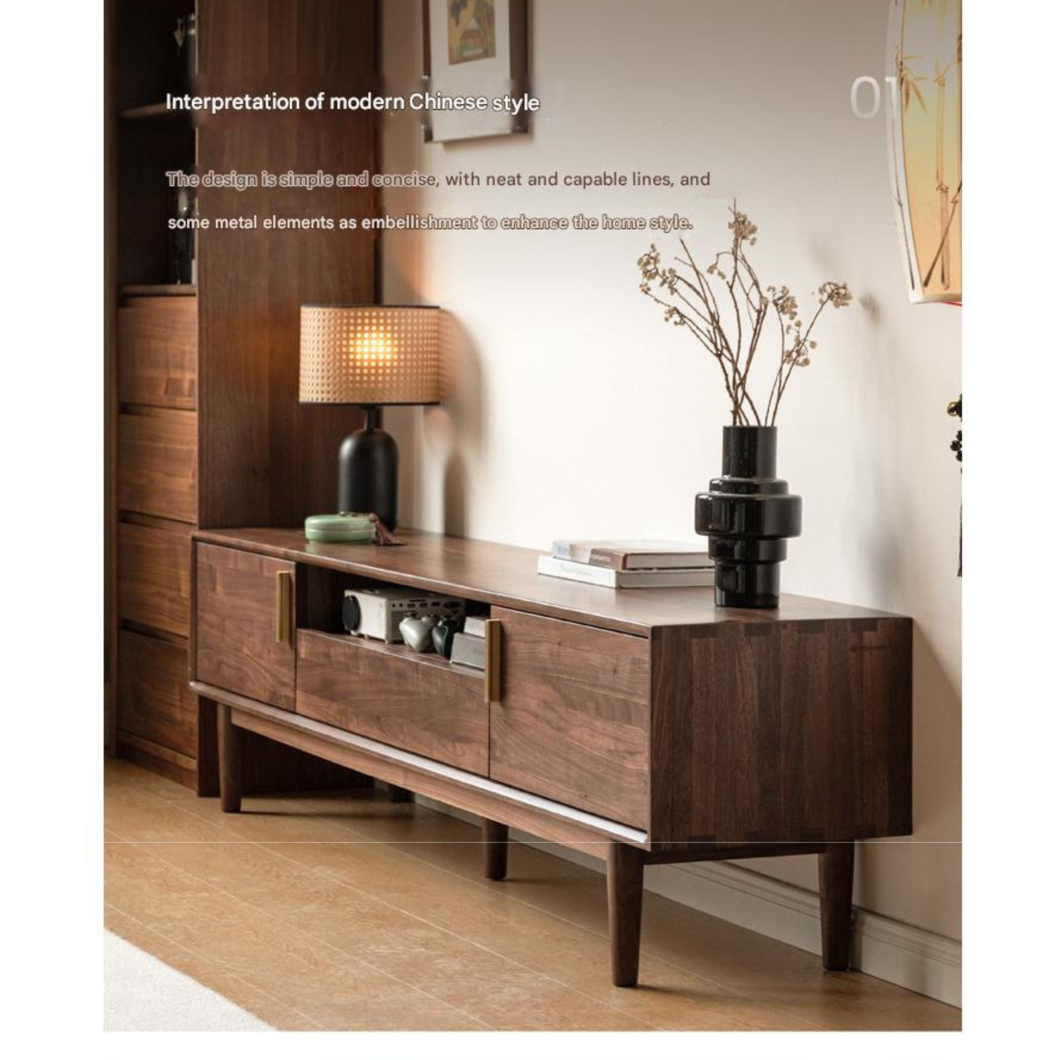 Premium Black Walnut Solid Wood TV Stand Cabinet with Storage - Modern Entertainment Center for Living Room, Home Theater & Media Organization