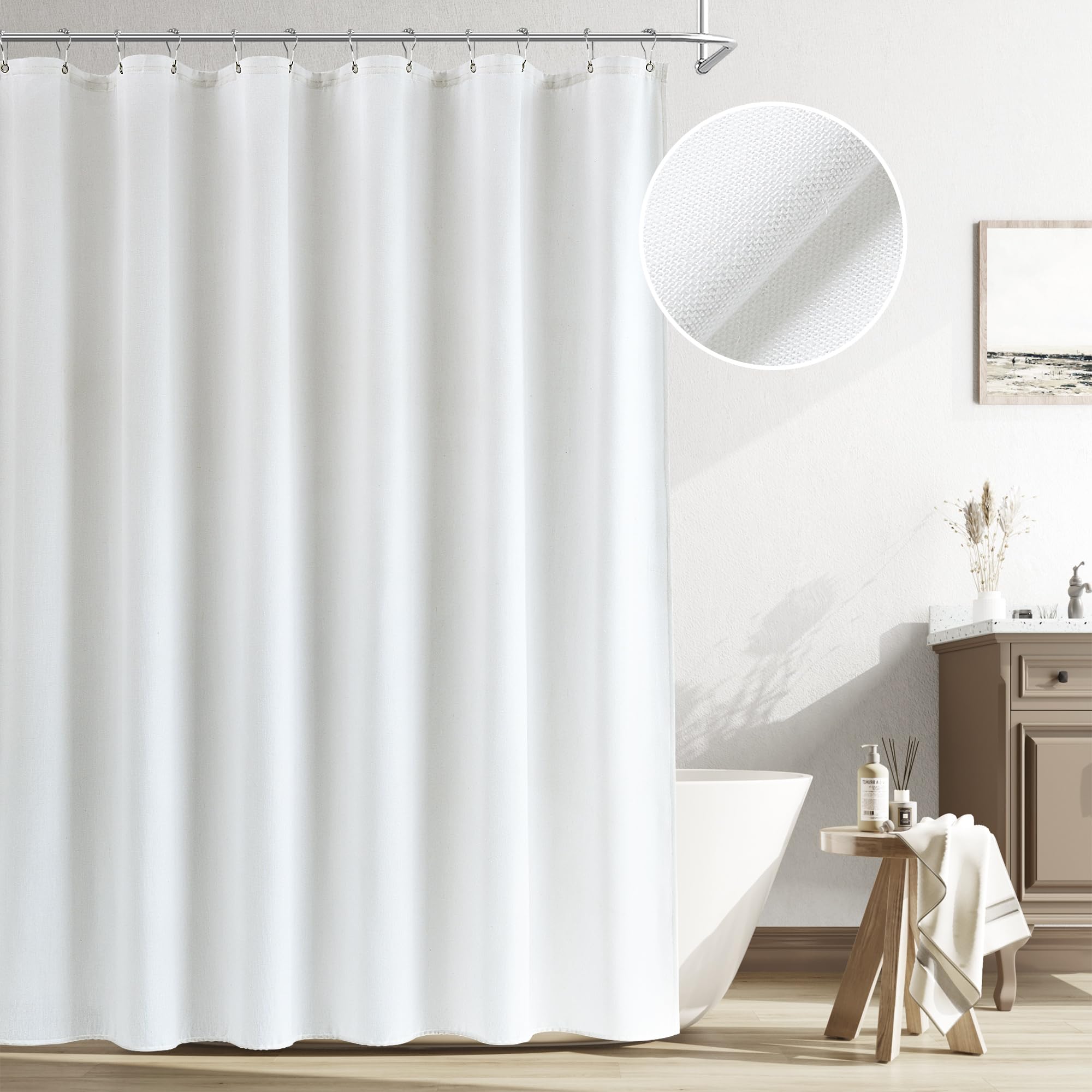 Naturoom White Linen Shower Curtain Set - 72x72 Inch Ultra Thick Water Repellent Fabric Bath Curtain with Hooks - Elegant Modern Farmhouse Style for Bathroom Decor - Perfect for Country, Rustic or Minimalist Home Design