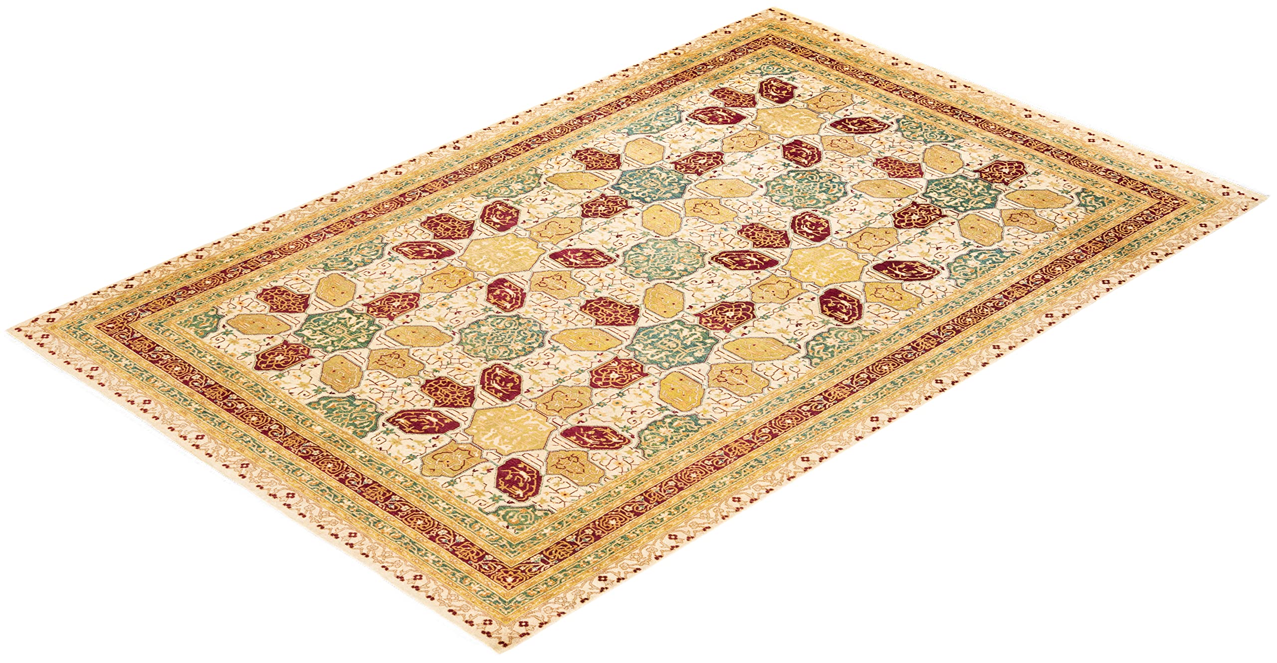 Handmade Traditional Oriental Mogul Ivory Wool Area Rug 6x9 - Unique Hand-Knotted Solo Rugs for Living Room, Bedroom & Home Decor