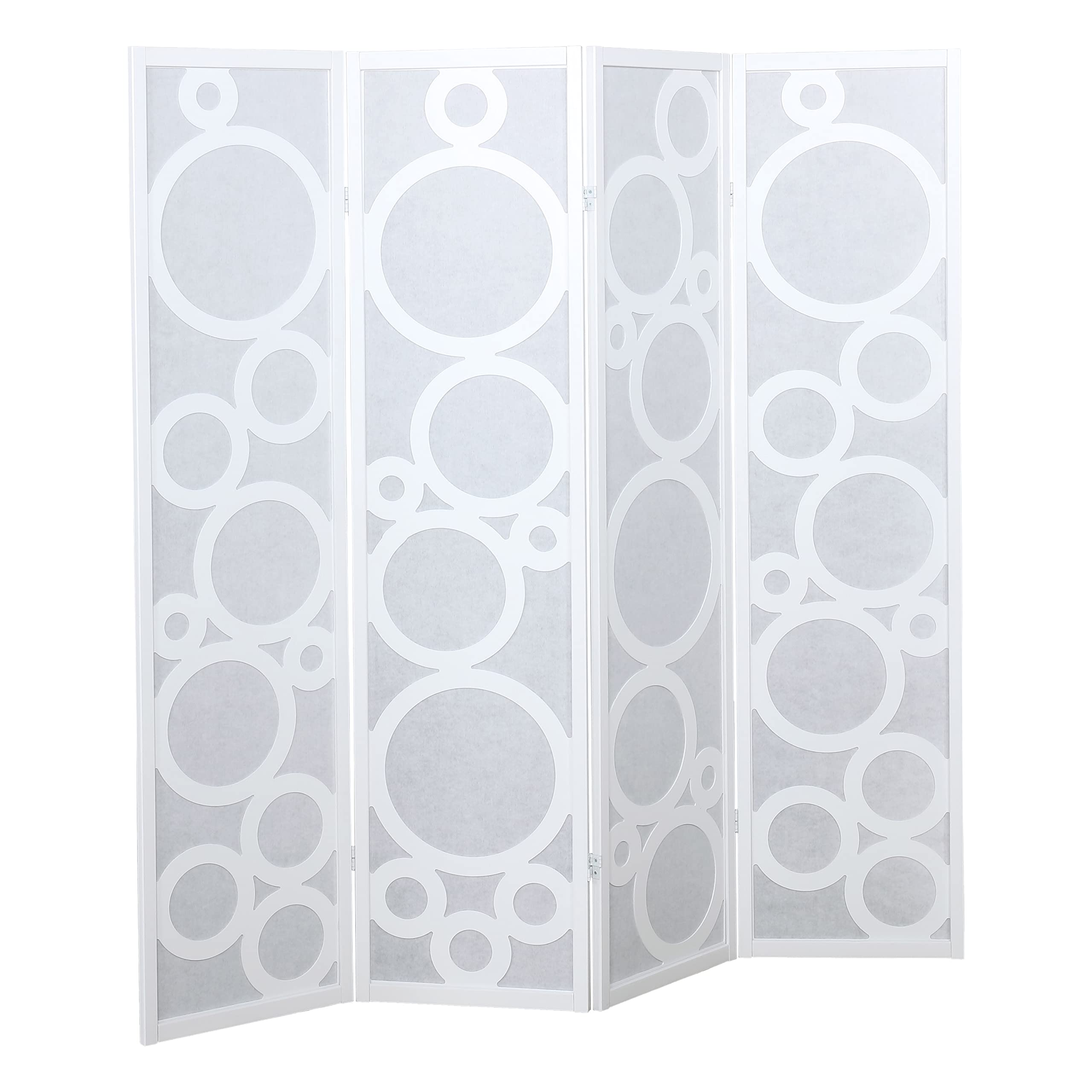 Roundhill Furniture Arvada 4-Panel Wood Room Divider with Circle Pattern - White Wooden Folding Screen for Home Office, Living Room & Bedroom Privacy Partition