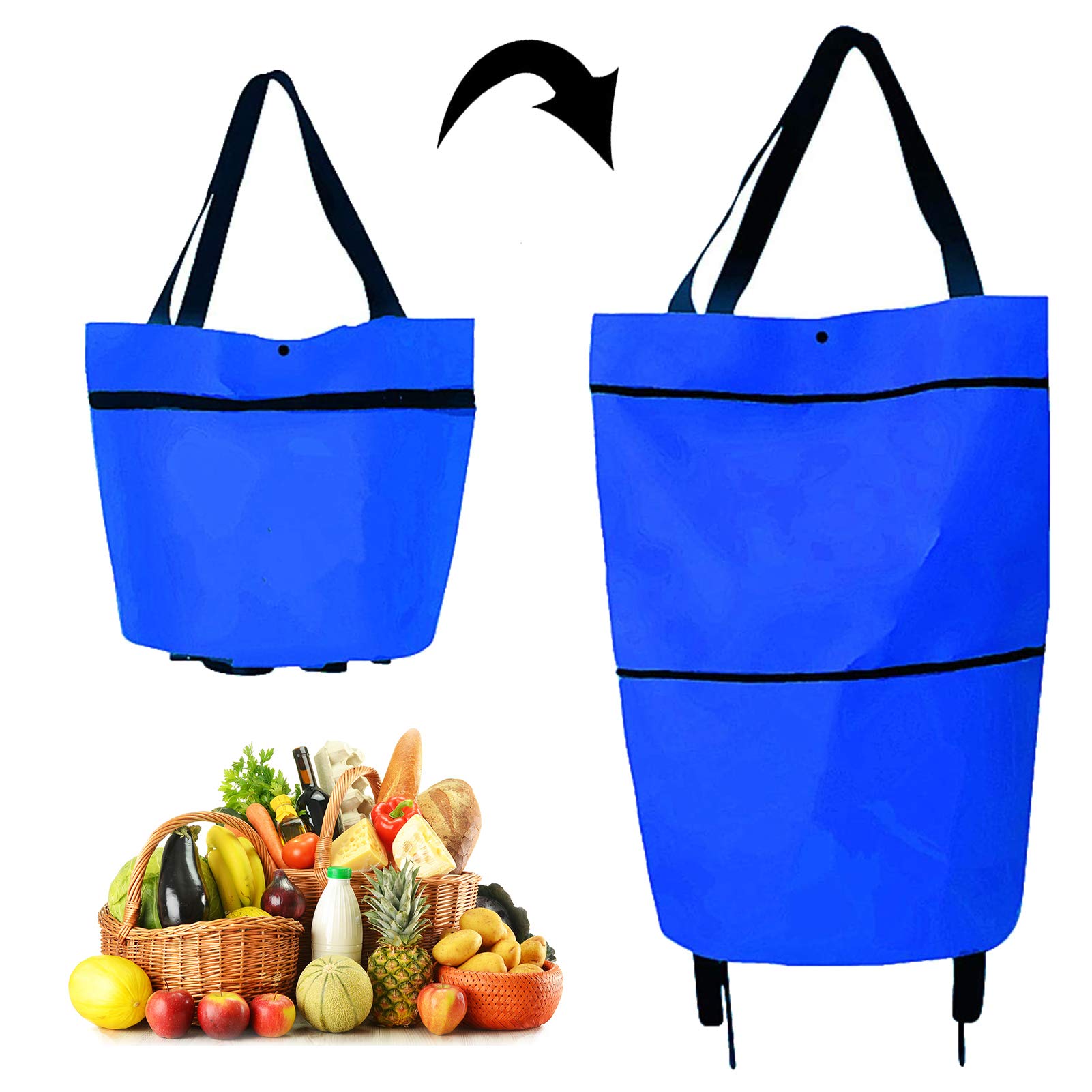 2 in 1 Foldable Shopping Cart with Wheels - Collapsible Grocery Cart & Zippered Storage Bag for Travel, Shopping & Errands - Blue Telescopic Trolley for Supermarket, Laundry & Outdoor Use