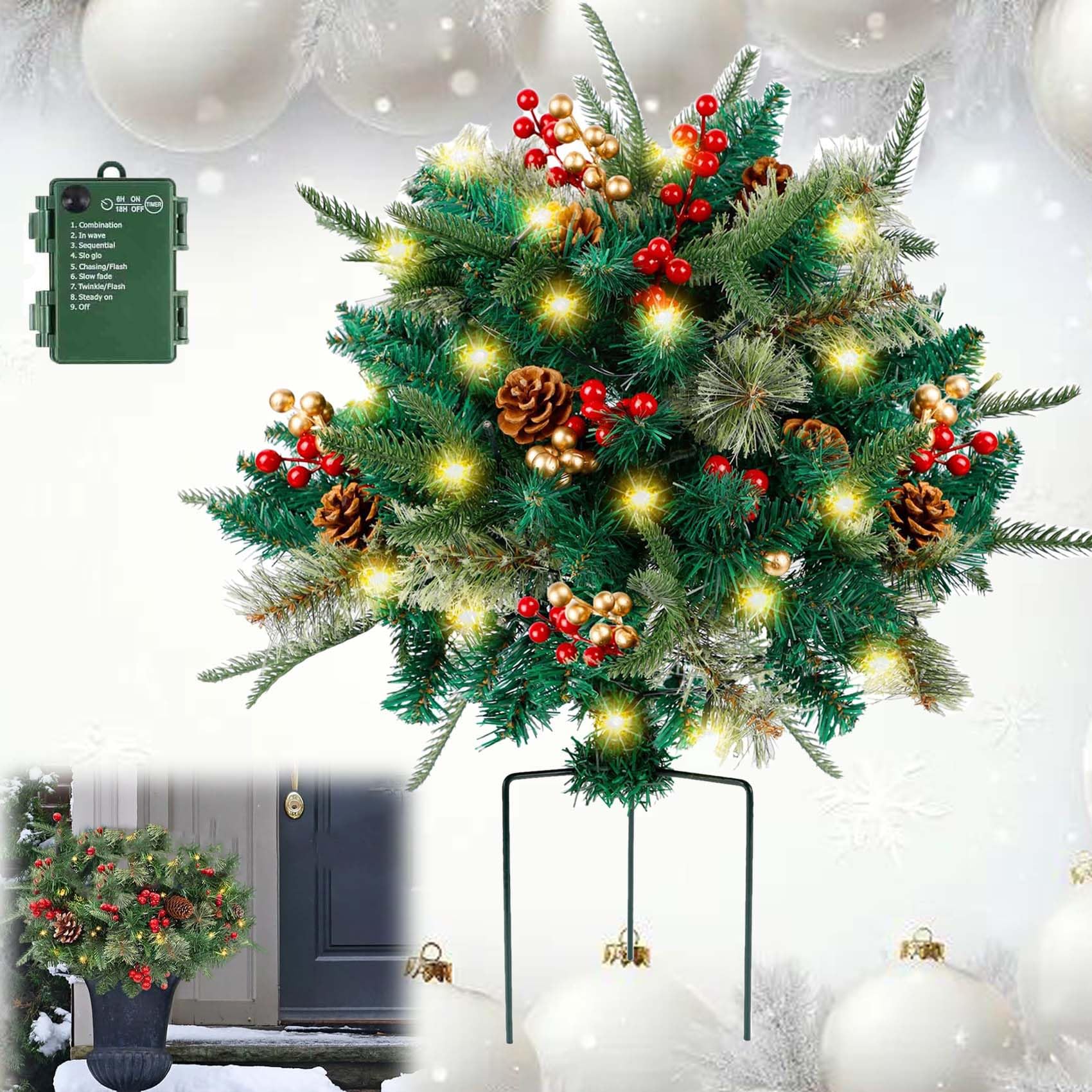 Premium LED Christmas Planter Bushes - Outdoor Lighted Holiday Urn Fillers with Stand, Faux Prelit Pot Decorations for Xmas, Winter & Seasonal Home Decor - Perfect for Porch, Patio, Garden & Front Yard Decorating (1PCS) by Holiday Peak