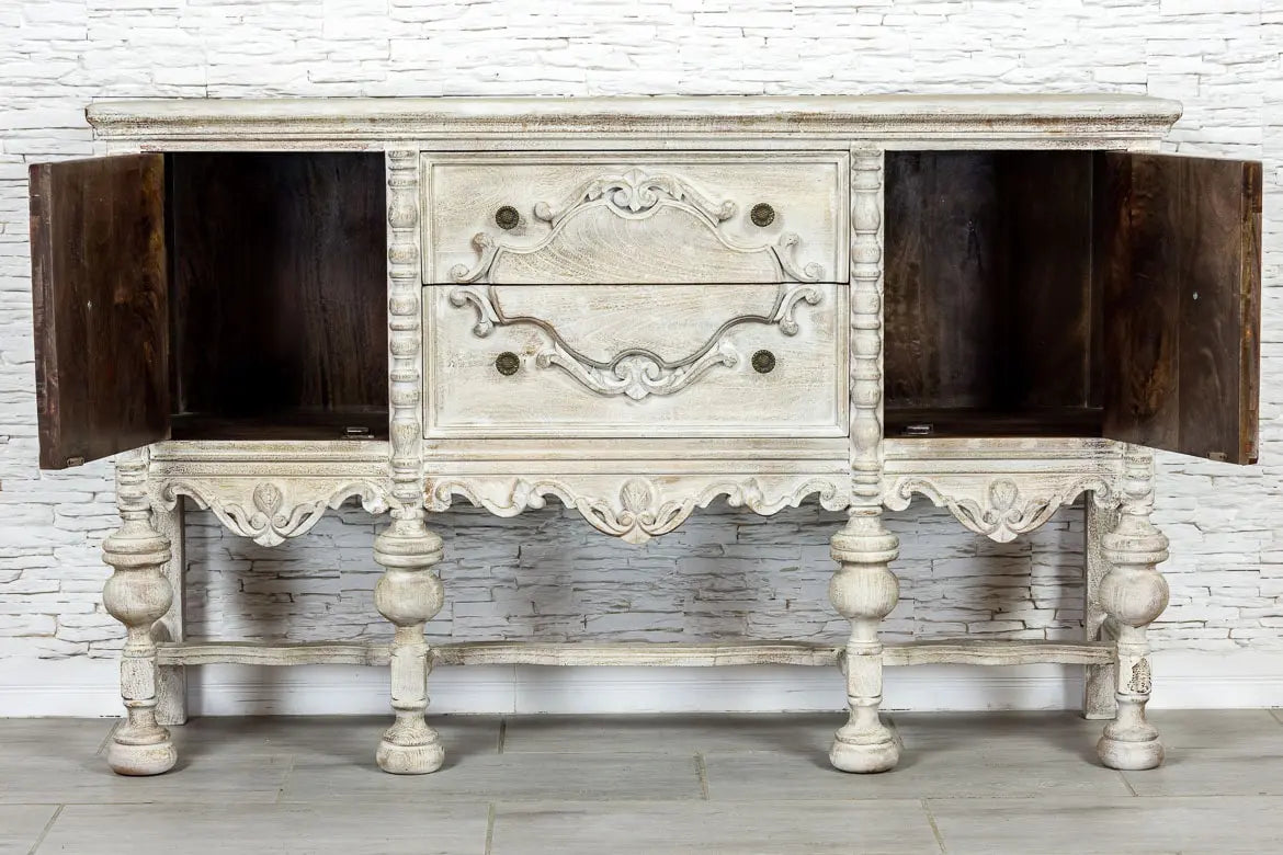 French Arched Hand Carved Indian Solid Wood Console Hall Table - Whitewashed Distressed Finish - Entryway, Living Room, Foyer Decor - 36 Inch Farmhouse Style Sofa Table