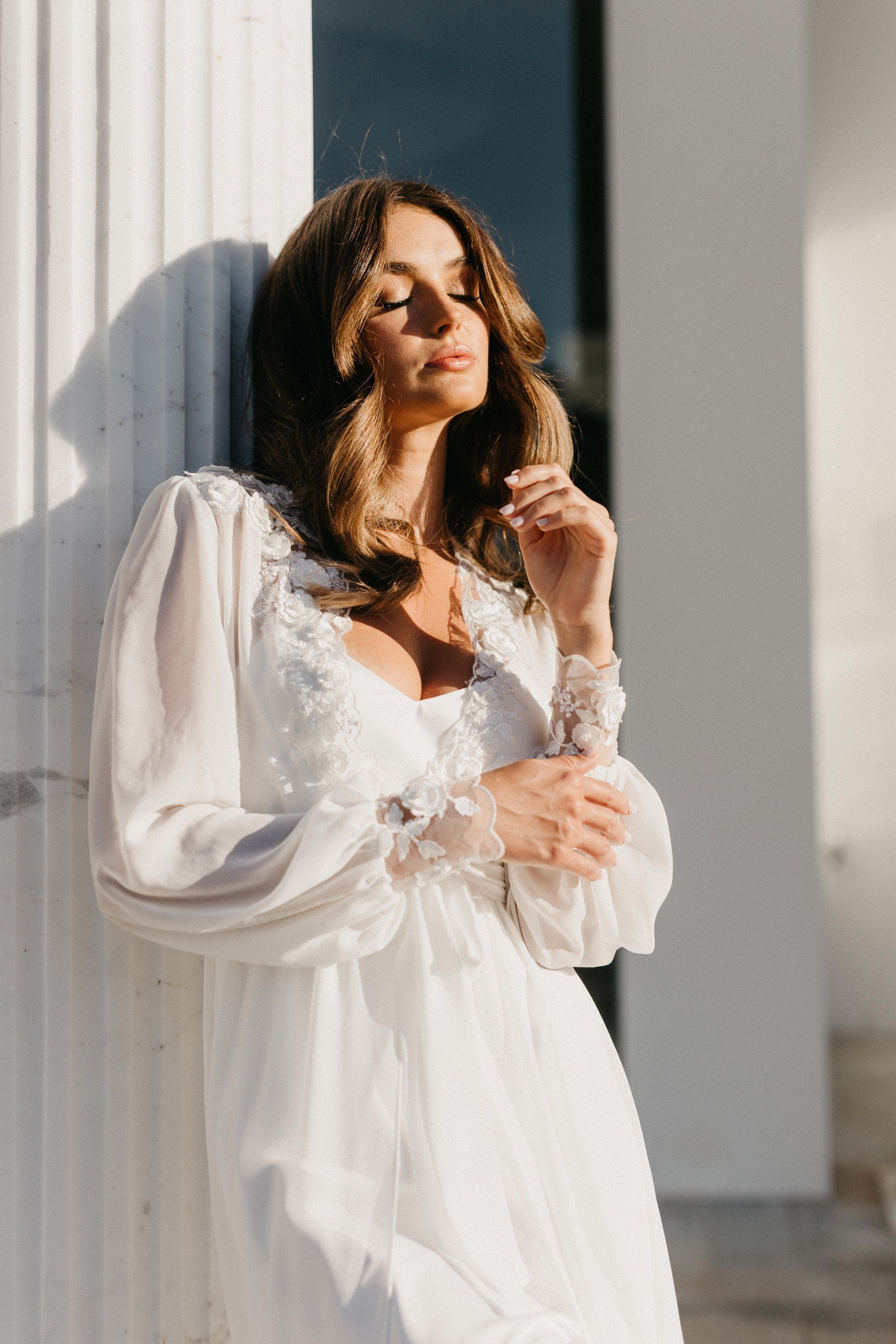 Arianna Beaded Floral Lace Maxi Bridal Robe with Train & Slip - Elegant Wedding Gown for Bridal Shower, Photoshoot & Reception - Perfect for Bride, Bridesmaids & Special Occasions