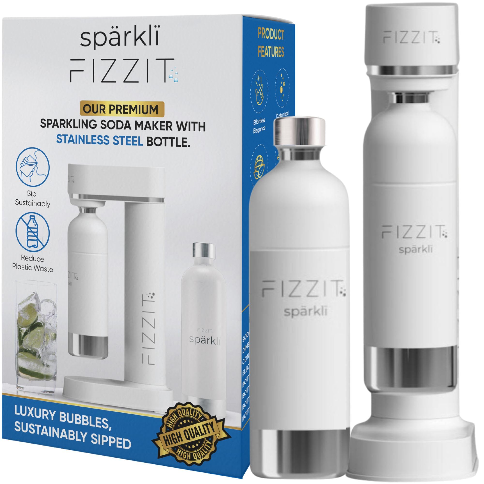 Fizzit Spärklï Sparkling Water Maker Machine with Stainless Steel Bottle - Home Carbonated Soda Maker for Healthy Drinks, Dishwasher Safe - Perfect for Parties, Kitchen & Office Use