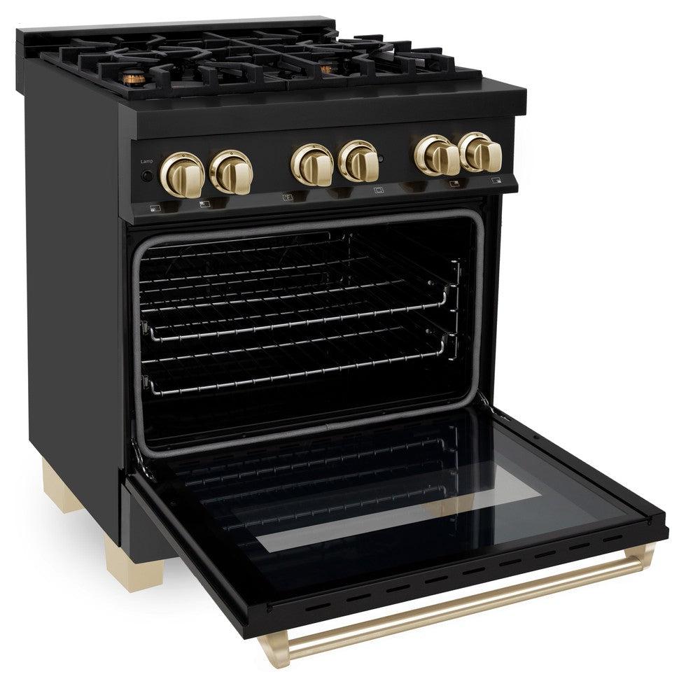 ZLINE Autograph Edition 30-inch Black Stainless Steel Dual Fuel Range & Range Hood Kitchen Package with Polished Gold Accents (2AKP RABRH30 G) - Perfect for Modern Kitchens & Professional Chefs
