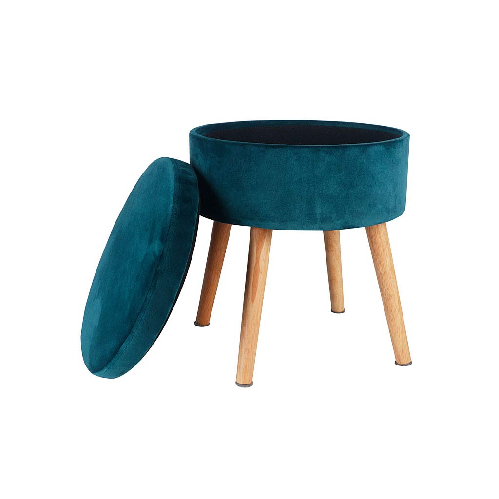 Blue Fabric Upholstered Ottoman Footstool with Removable Flannel Cover - Wooden Storage Stool for Living Room, Bedroom & Lounge Comfort