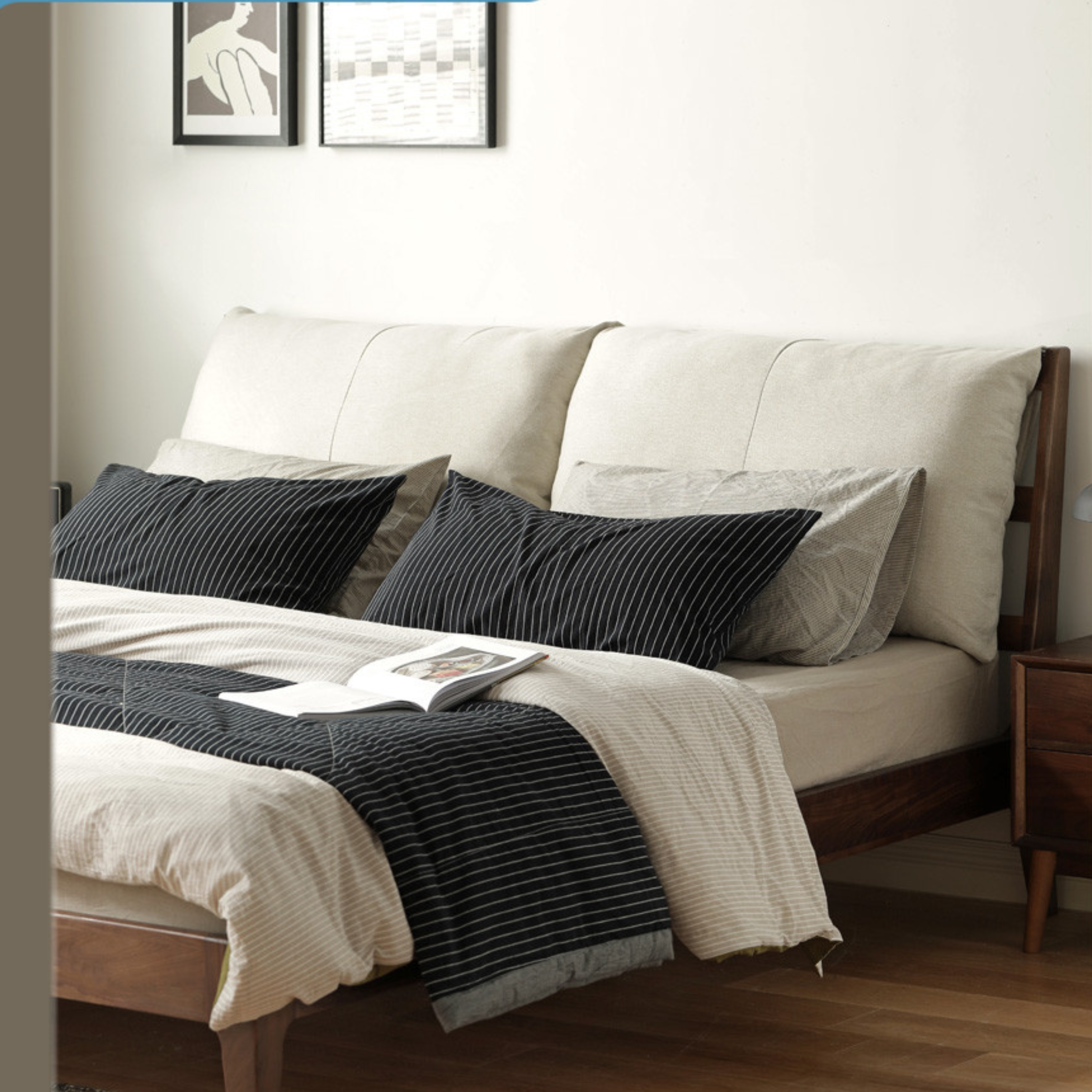 Premium Black Walnut Solid Wood Bed Frame - Queen Size Platform Bed with Soft Upholstered Headboard | Modern Bedroom Furniture for Master & Guest Rooms
