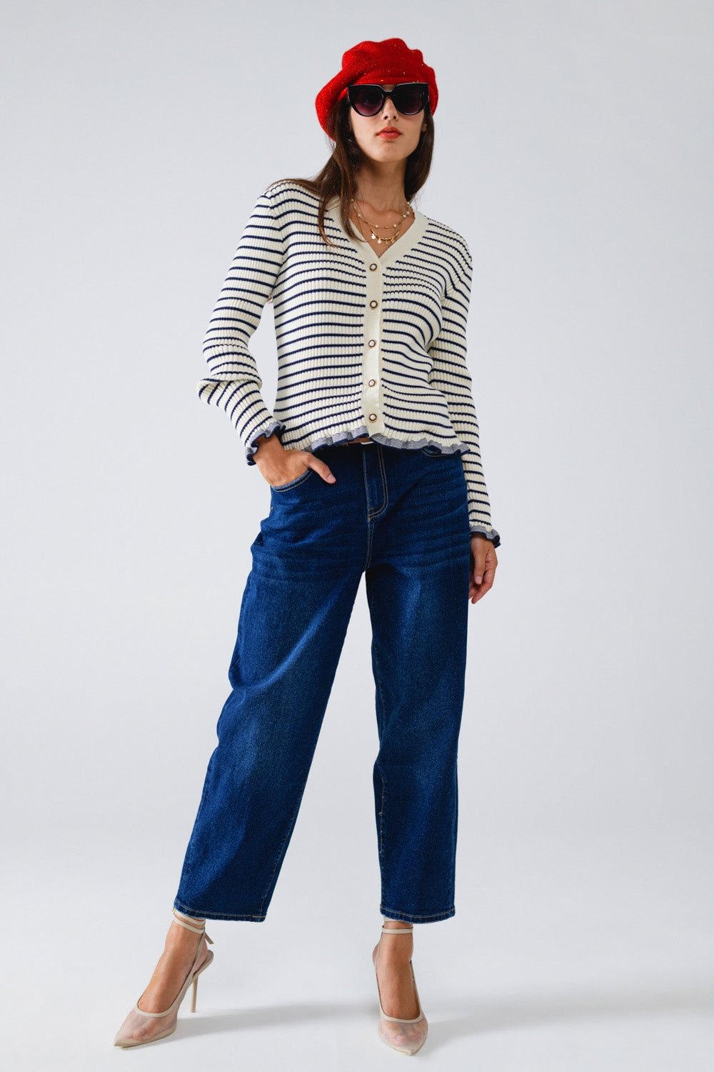 Cream Striped Cardigan with Ruffled Hem - Perfect for Casual Outfits, Office Wear & Cozy Fall Layering