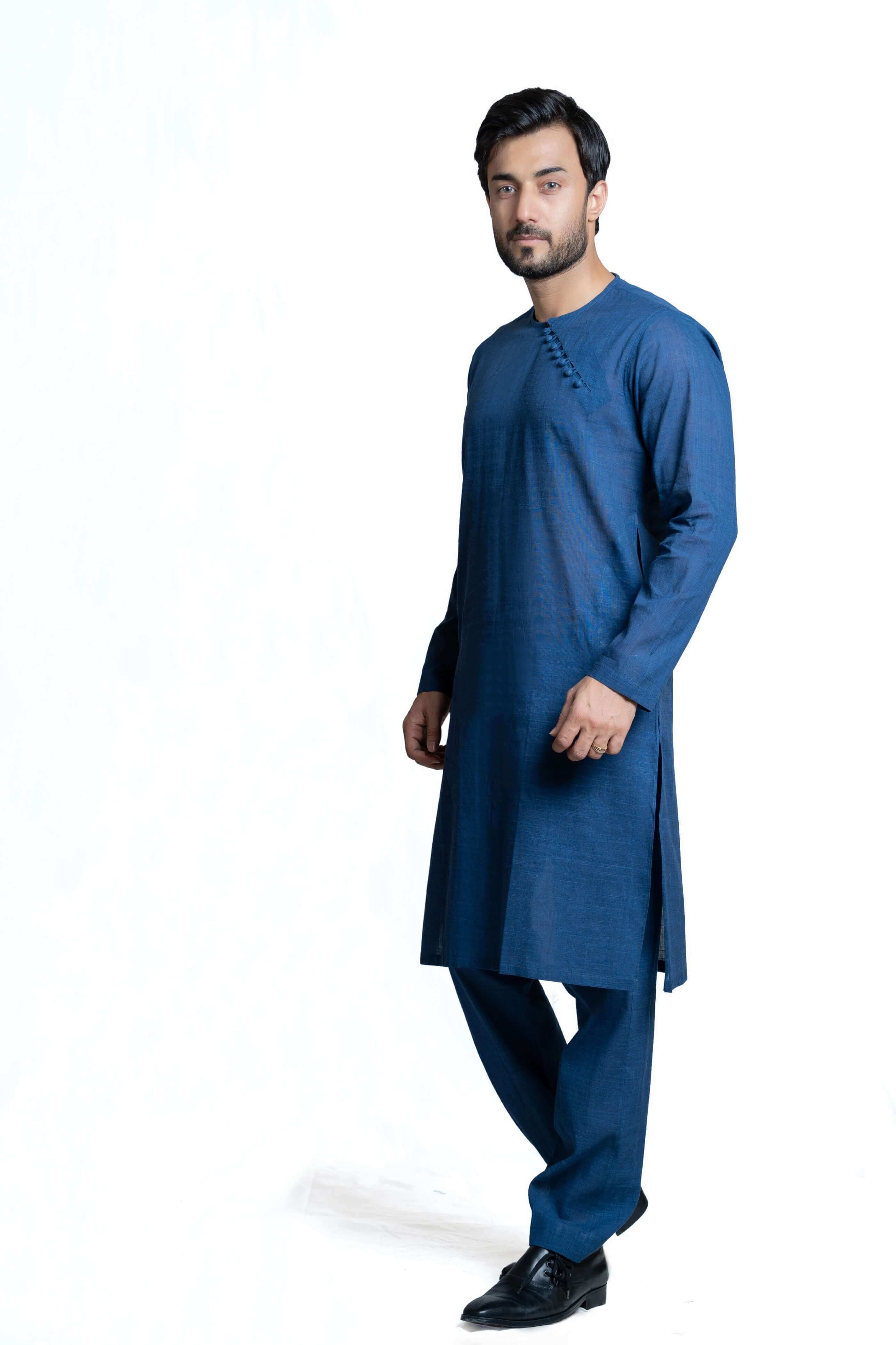 Handwoven Pure Cotton Side Slit Blue Kurta Pajama Set for Men - Comfortable Traditional Indian Ethnic Wear for Festivals, Weddings & Casual Outings