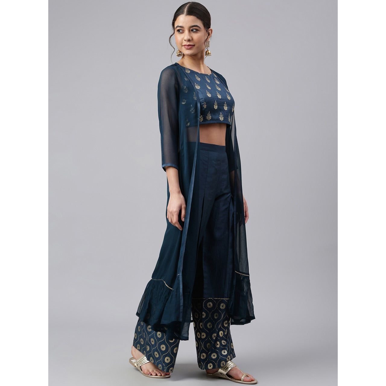 Stylish Women's 3-Piece Outfit Set - Flowy Palazzo Pants, Chic Crop Top & Fashionable Jacket | Casual Wear, Office Attire & Evening Occasions