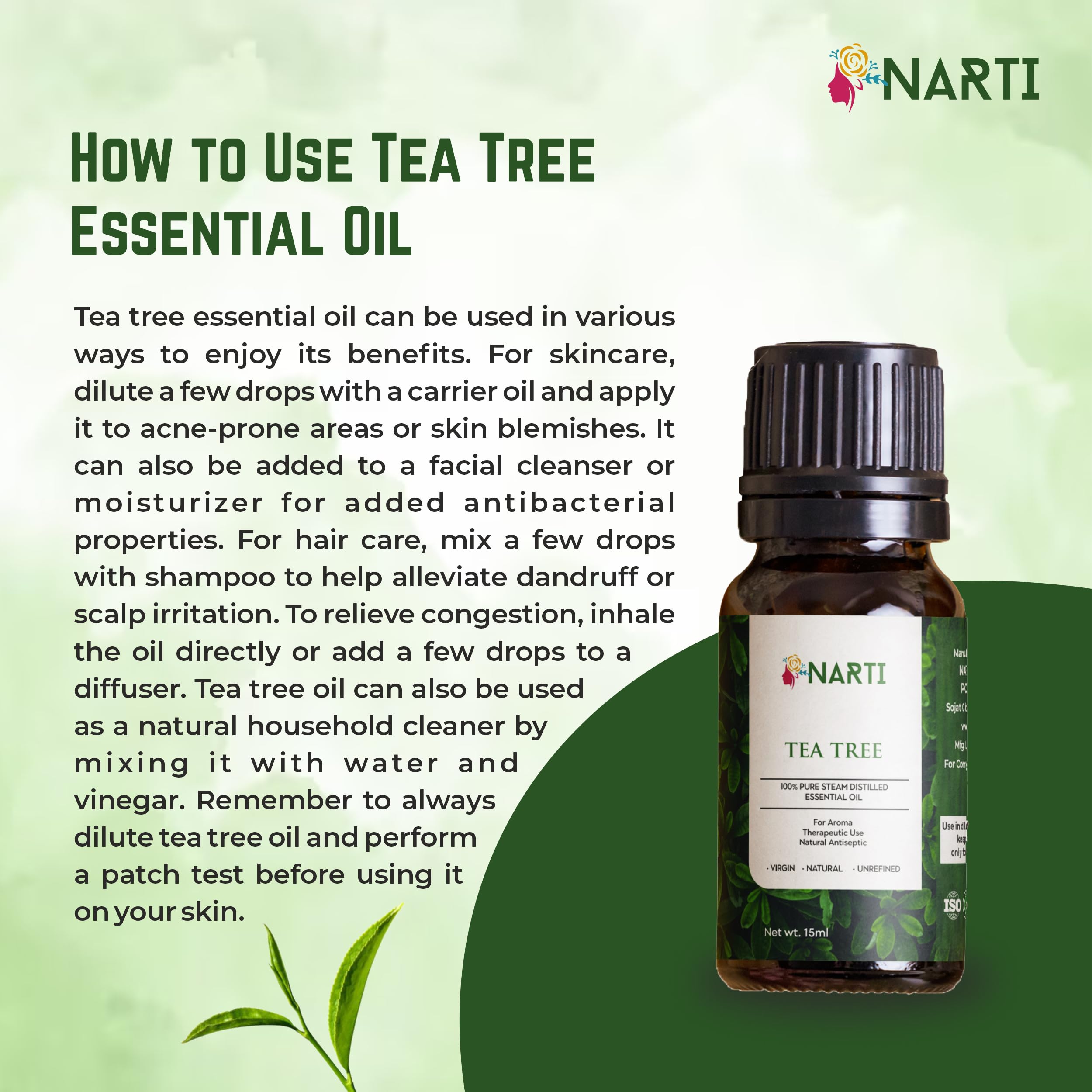 NARTI 100% Pure Tea Tree Essential Oil for Acne, Pimples & Scars - Natural Skin & Hair Care Treatment, Non-GMO, Synthetic-Free (30ml) - Perfect for DIY Beauty Recipes & Aromatherapy