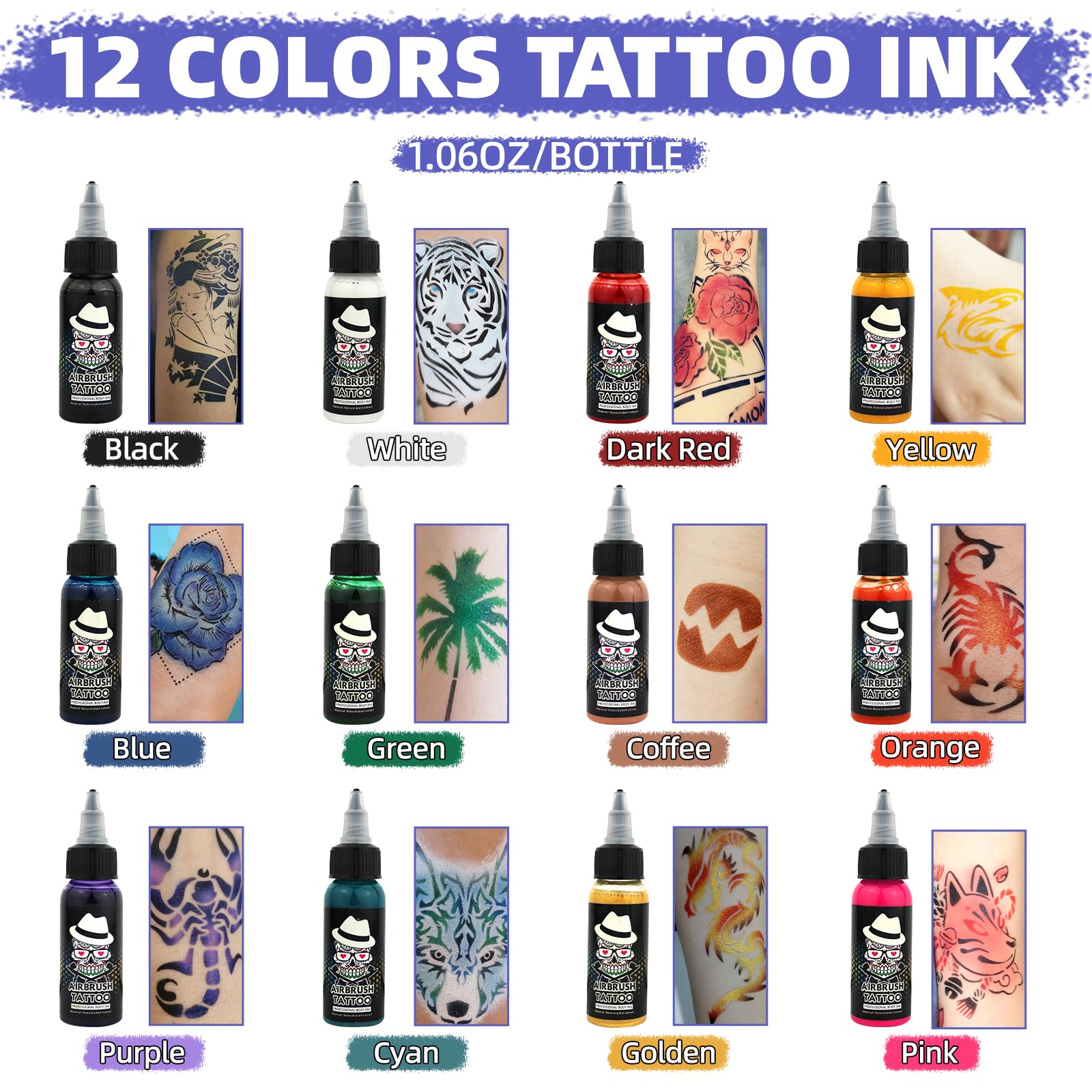 Ophir Airbrush Body Paint Set - 12 Vibrant Tattoo Ink Pigments (1.06oz/Bottle) for Temporary Airbrush Tattoos | Professional Body Art & Face Painting | Perfect for Halloween, Cosplay, and Special Events