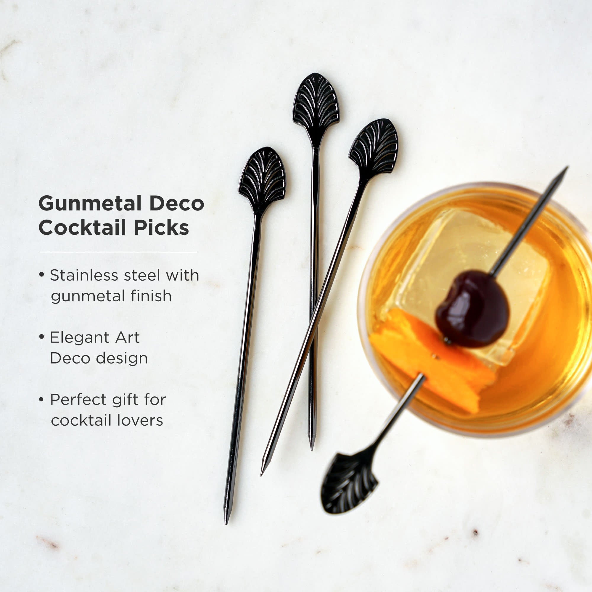 Art Deco Cocktail Picks - Set of 4 Gunmetal Bar Accessories for Martini, Olive, and Garnish - Perfect for Home Bars, Parties, and Entertaining