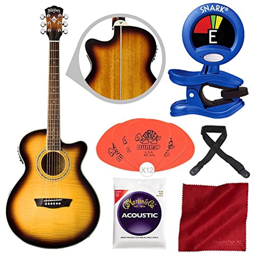 Washburn Festival Series EA15ATB Jumbo Cutaway Acoustic Electric Guitar Bundle with Strings, Tuner & Accessories – Perfect for Live Performances, Studio Recording & Traveling Musicians