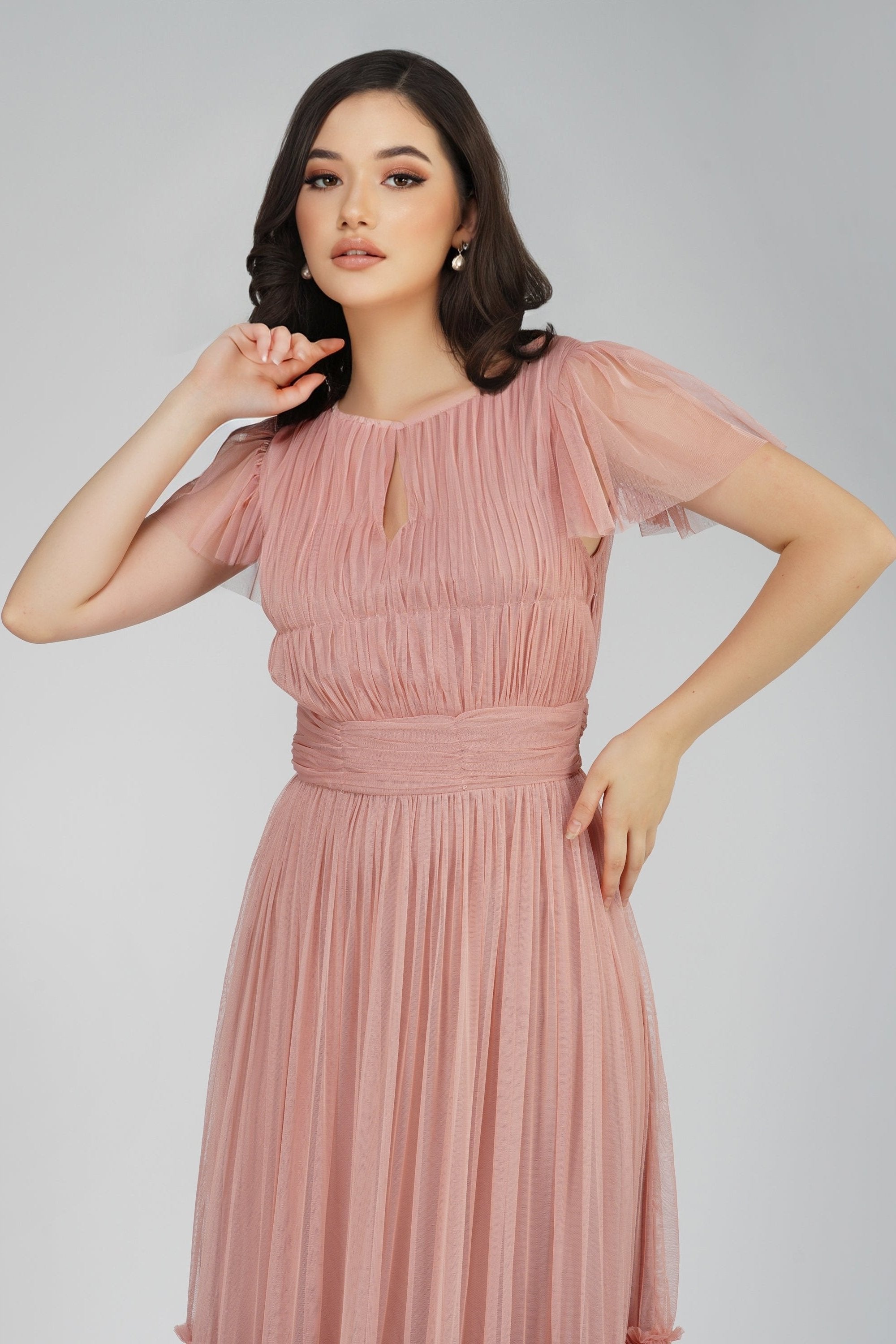 Elegant Mink Tulle Maxi Dress for Women - Perfect for Weddings, Prom, and Evening Parties