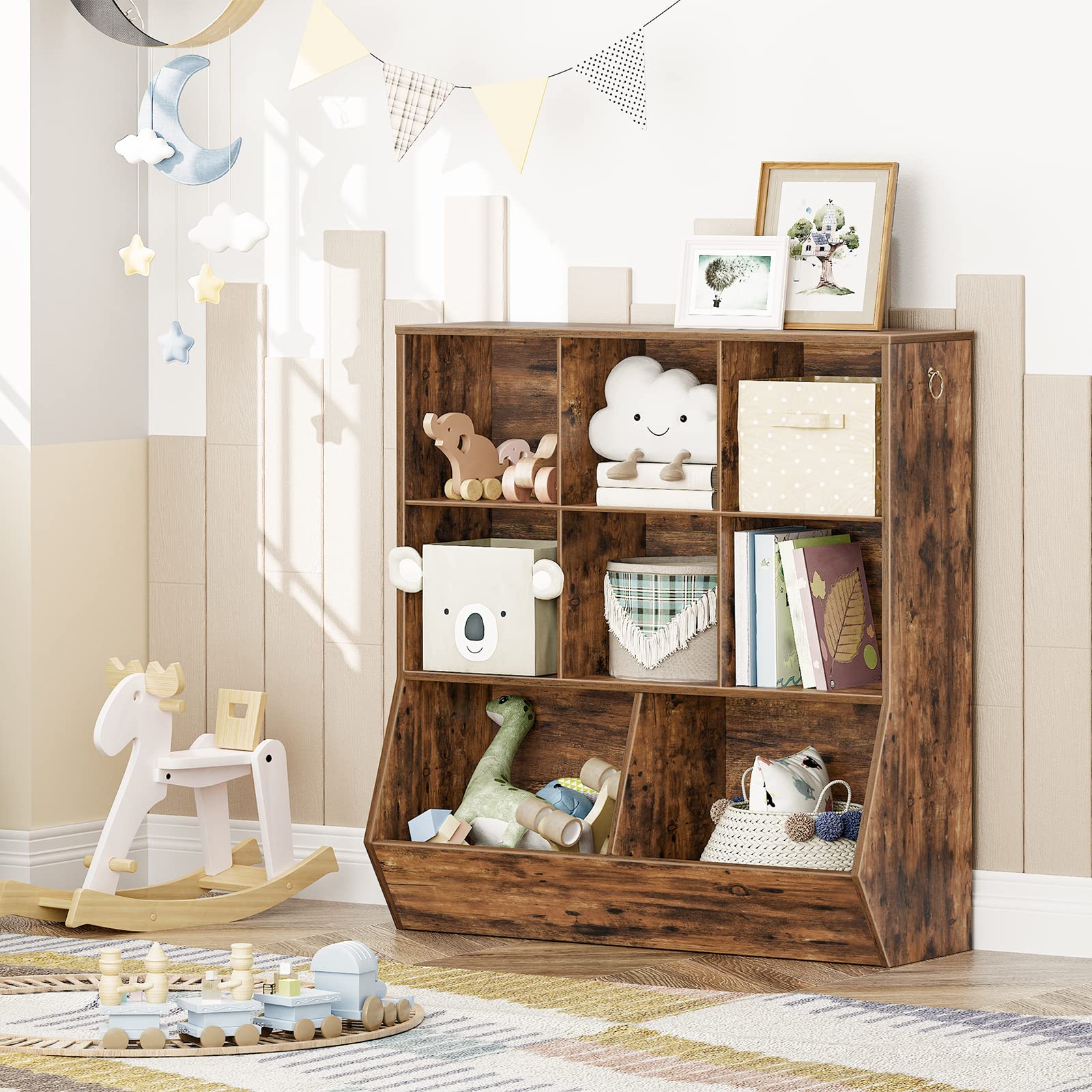 HOOBRO 8-Cubicle Kids Bookshelf and Toy Storage Organizer - Rustic Brown Wooden Bookcase for Playroom, Bedroom, Nursery & School - Perfect for Organizing Books, Toys, and Learning Supplies