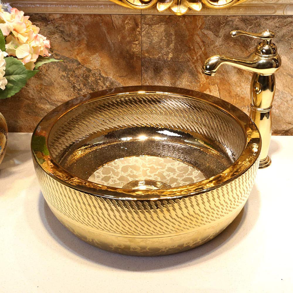 Handmade Golden Porcelain Vessel Sink - Artisan Countertop Bathroom Basin (Sink Only) | Modern Vanity for Luxury Bathrooms & Powder Rooms