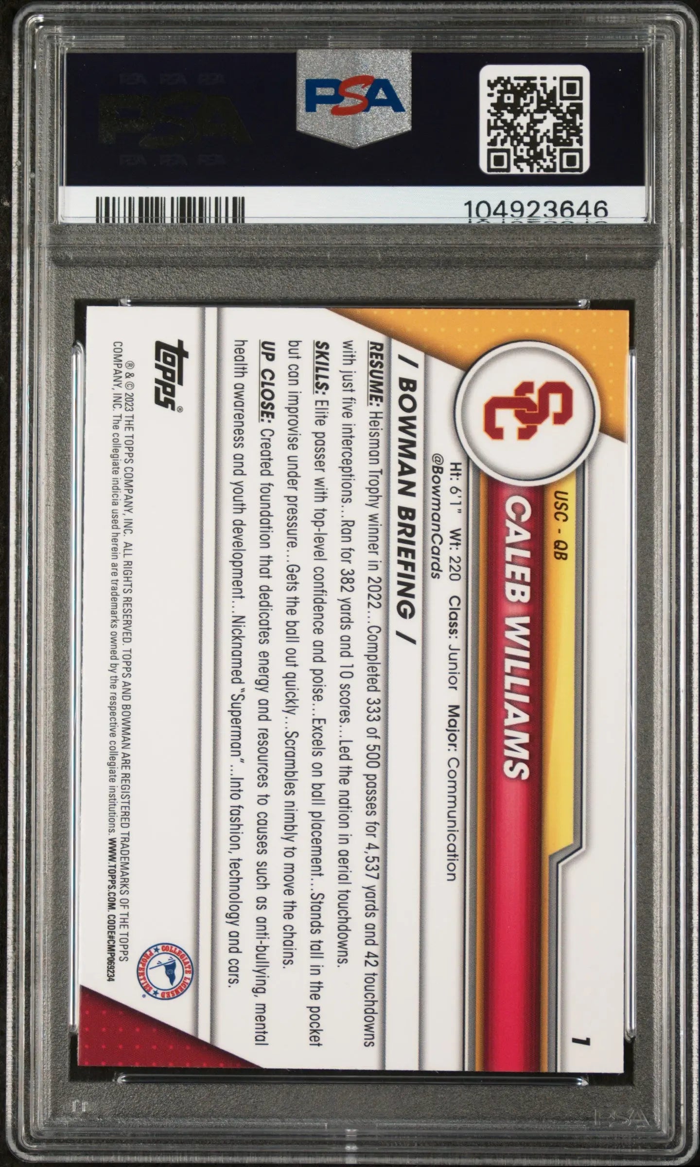2023 Bowman University Chrome Sapphire Caleb Williams #1 PSA 10 Rookie Card - Perfect for Sports Collectors & Investment, Ideal for Display Cases & Trading Card Collections