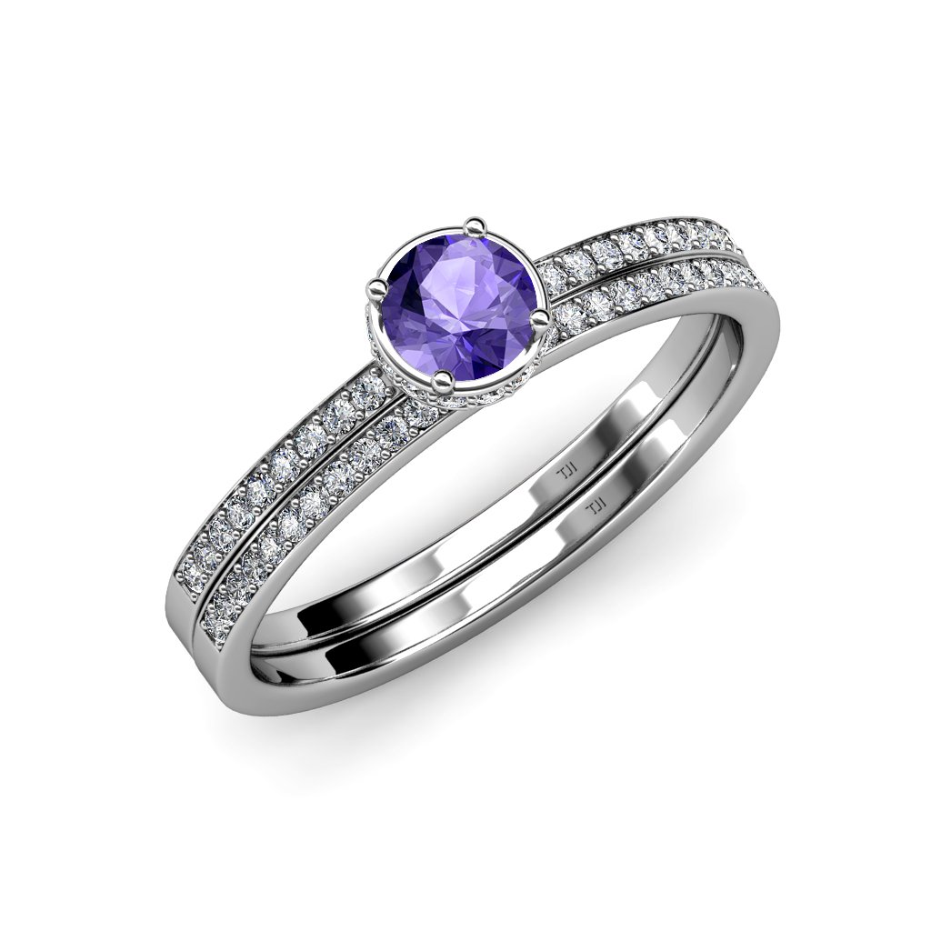Iolite & Diamond Halo Engagement Ring & Wedding Band Set 0.90ctw 14K White Gold - Elegant Bridal Jewelry for Proposals, Weddings & Anniversaries