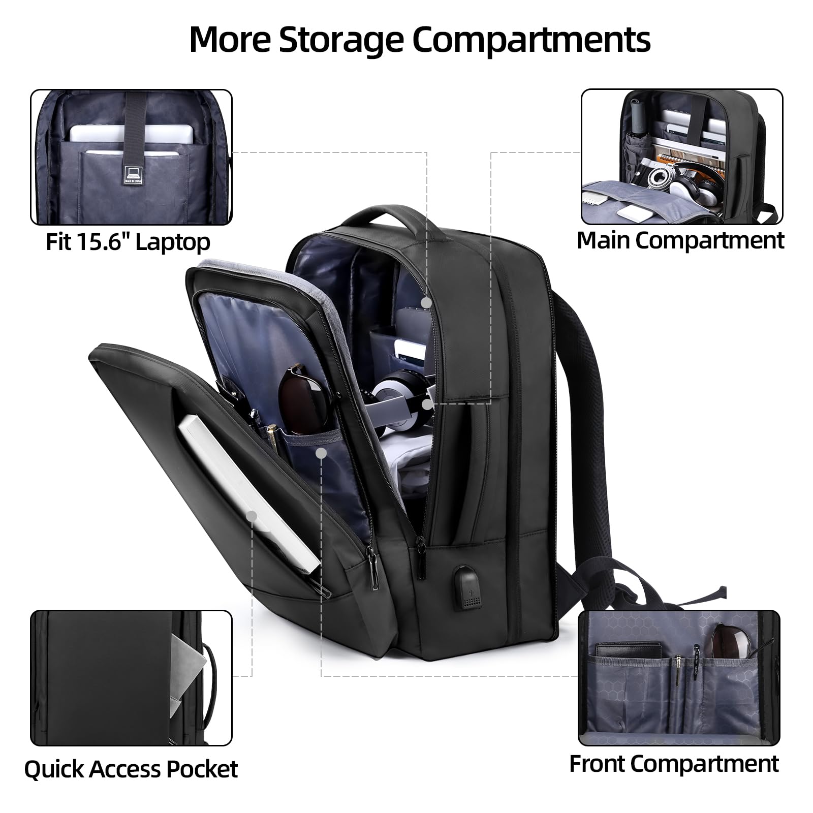 HOMIEE 15.6 Inch Expandable Laptop Backpack with USB Charging Port - Water-Resistant Business Travel Backpack for Men & Women - Durable College Work Rucksack - Perfect for Commuting, Air Travel & School (Black)