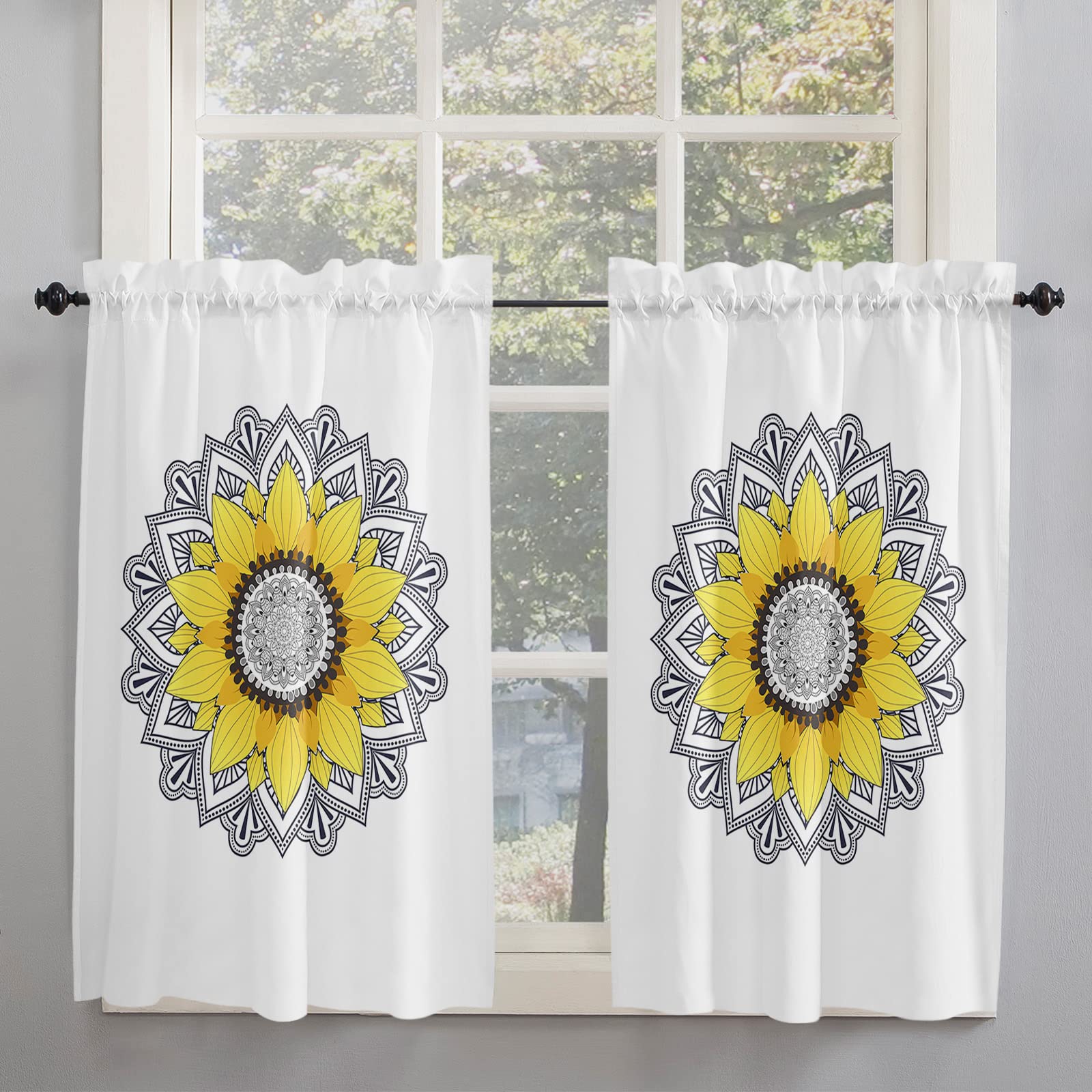 Sunflower Black Mandala Tier Curtains 27.5 x 45 Inches - Wide Pocket Kitchen & Bedroom Window Treatments - White French Door Half Curtains for Patio, Living Room & Dining Room Decor