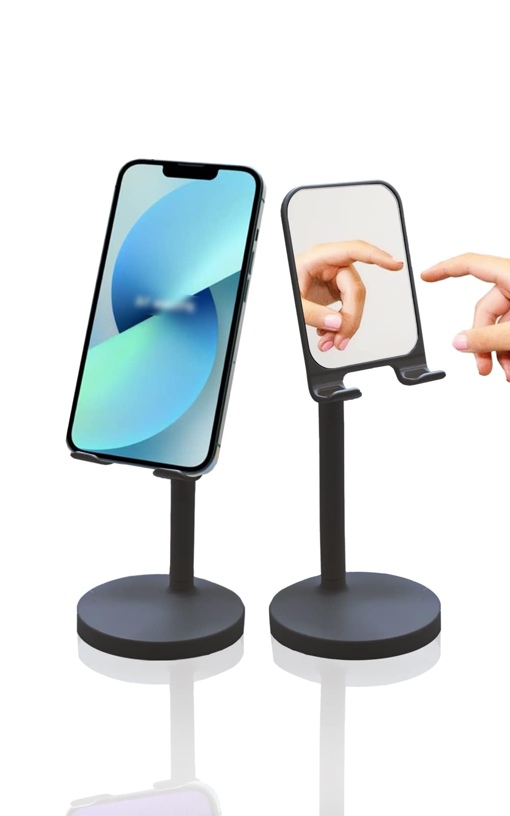 Adjustable Phone Stand with Mirror for Desk & Travel - Black | Hands-Free for Office, Kitchen, iPad
