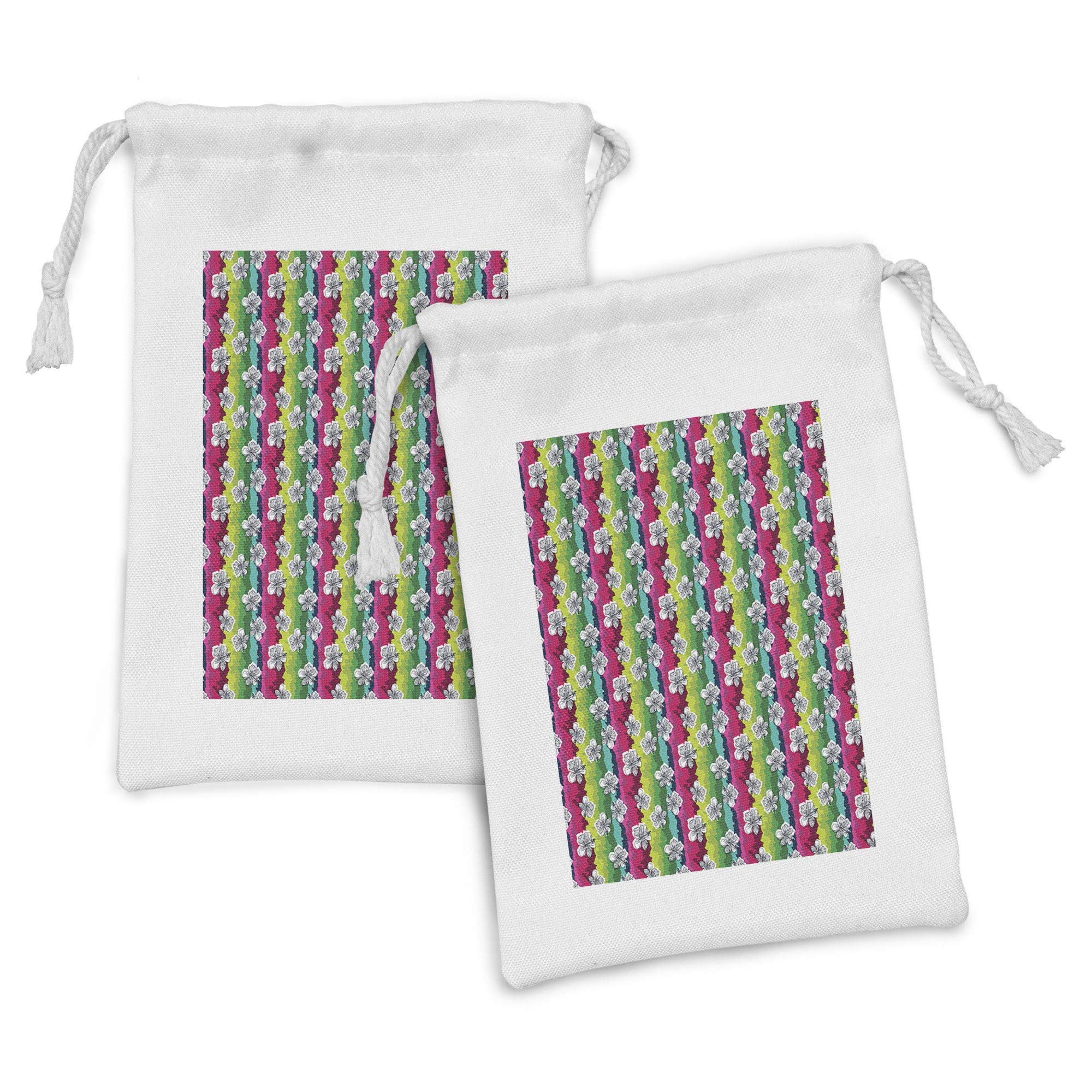 Ambesonne Summer Fabric Pouch Set of 2 - Exotic Hibiscus Petals on Grunge Rainbow Gradient Background - Small Drawstring Bags for Toiletries, Masks & Party Favors (9