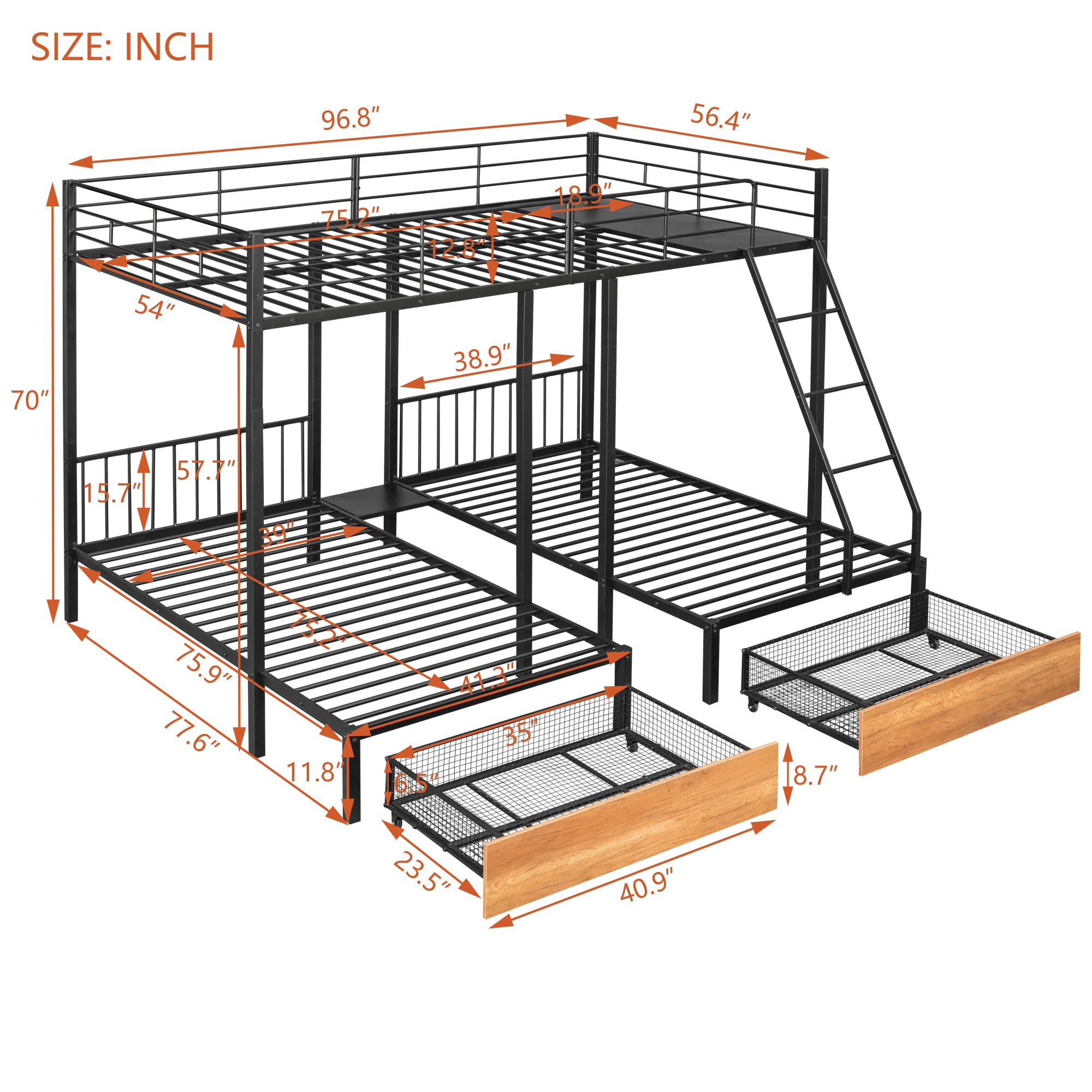 BOVZA Triple Bunk Bed with Storage - Full/Twin Metal Bunk for Kids & Adults - Convertible to 3 Beds - Perfect for Small Spaces & Dorms