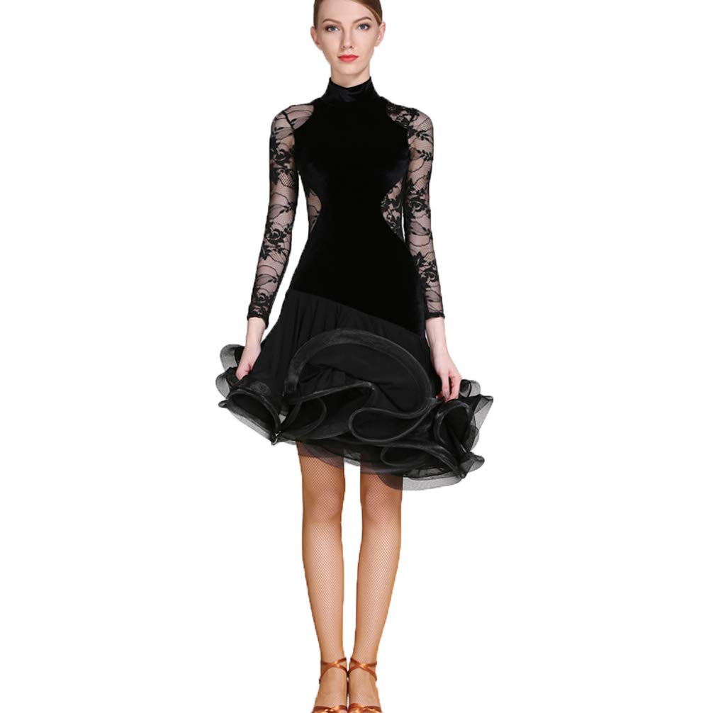 Sexy Lace Latin Dance Dress for Women - Long Sleeve Ballroom Competition Dress with Swing Skirt | Perfect for Salsa, Bachata, Tango Performances & Practice