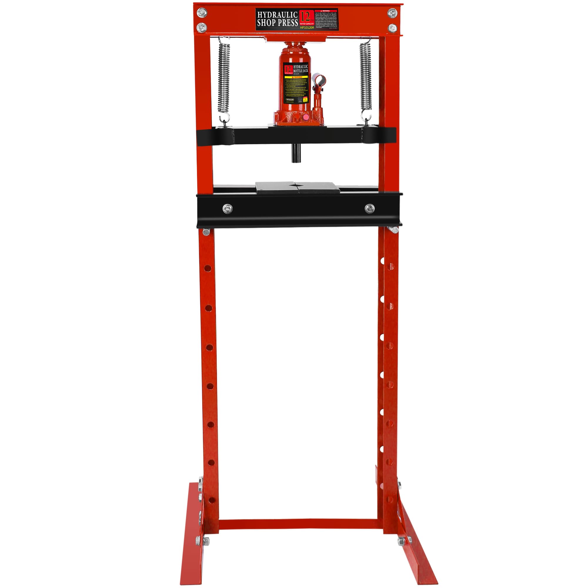 12-Ton Hydraulic Shop Press with Press Plates - H-Frame Garage Floor Press with Adjustable Working Table Height - Heavy Duty Metalworking, Automotive Repair & DIY Projects (Red)