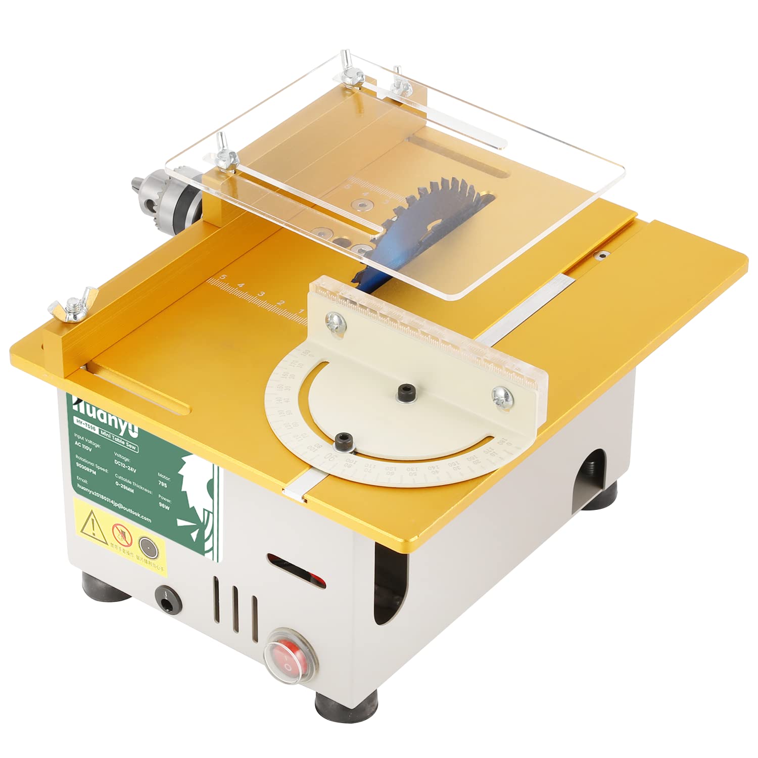 Huanyu Mini Table Saw Circular Saw - 26-29mm Cutting Diameter, 7-Speed Adjustable Desktop Saw for Metal, Wood, Board & Acrylic with Blade, Power Supply & Drill Chuck - 96W Gold DIY Tool for Home Projects, Crafting & Woodworking