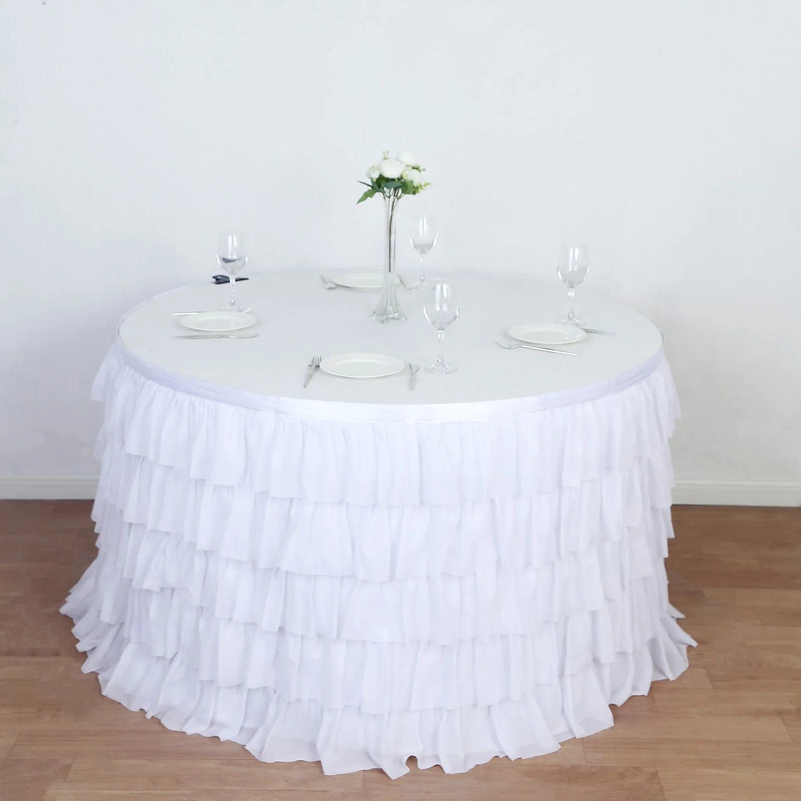 14 ft Chiffon 5 Tier Ruffled Tutu Table Skirt with Satin Backing - Elegant Party Decor for Weddings, Baby Showers & Banquets