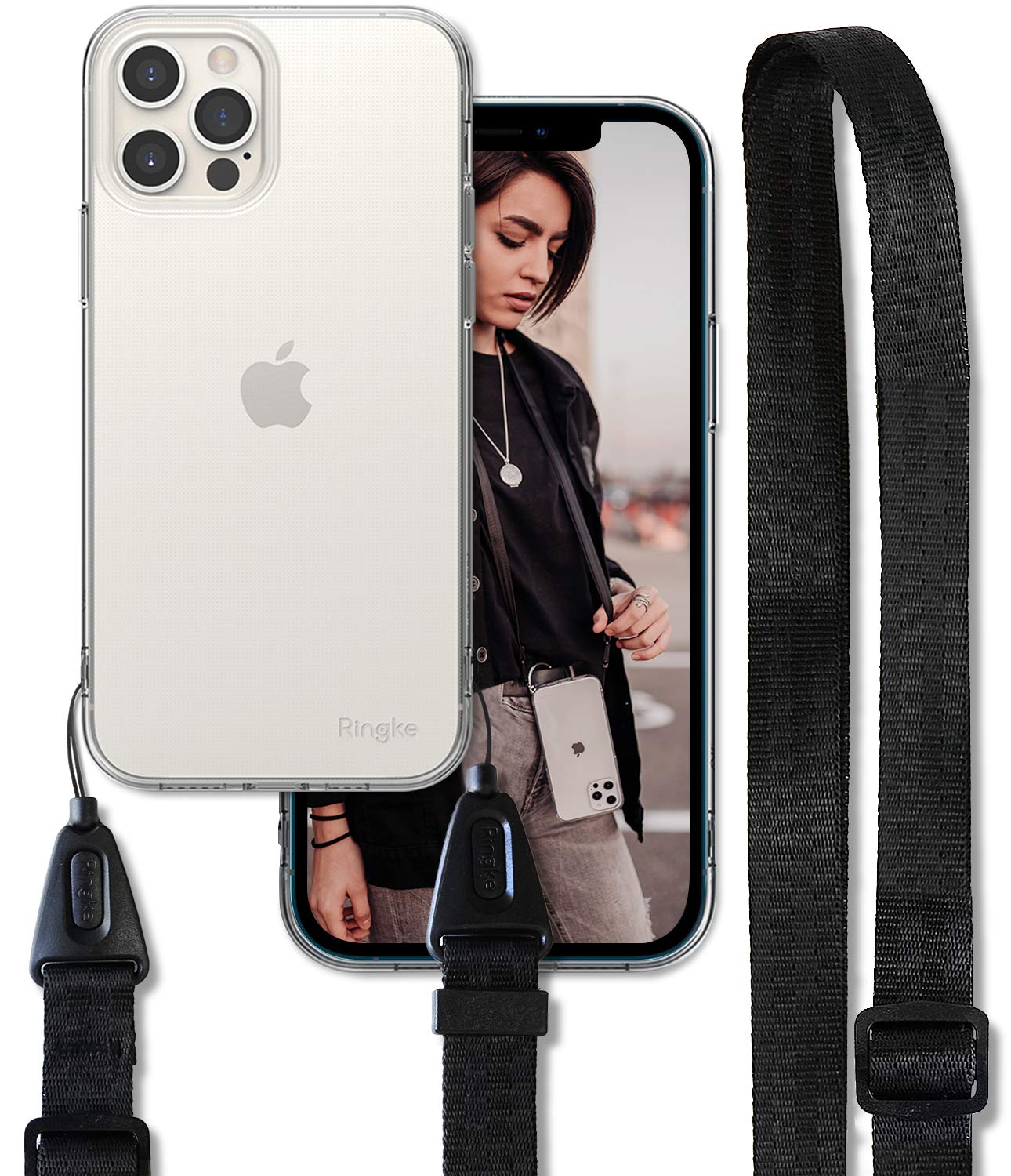 Ringke Air Shoulder Strap for iPhone 12 Pro Max Case (6.7-inch 2020) - Clear TPU Silicone Crossbody Necklace Lanyard with Phone Cover | Perfect for Travel, Shopping & Hands-Free Convenience