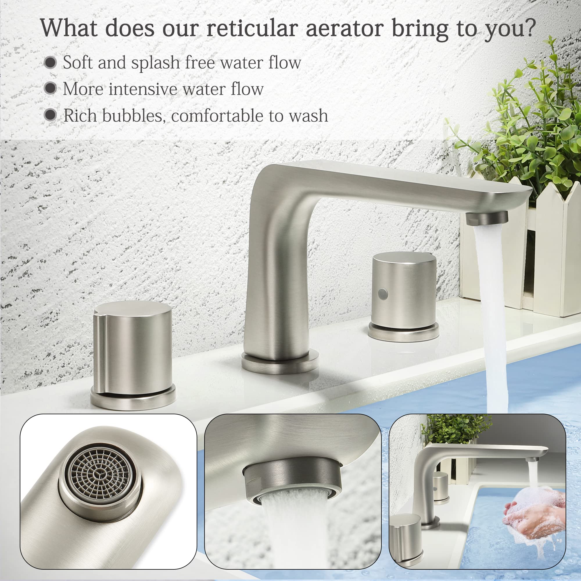 SKOWLL Brushed Nickel 3-Hole Widespread Bathroom Faucet - 2-Handle Deck Mount Vanity Sink Faucet with 360° Swivel Spout for Bathroom & Powder Room Sink Installation