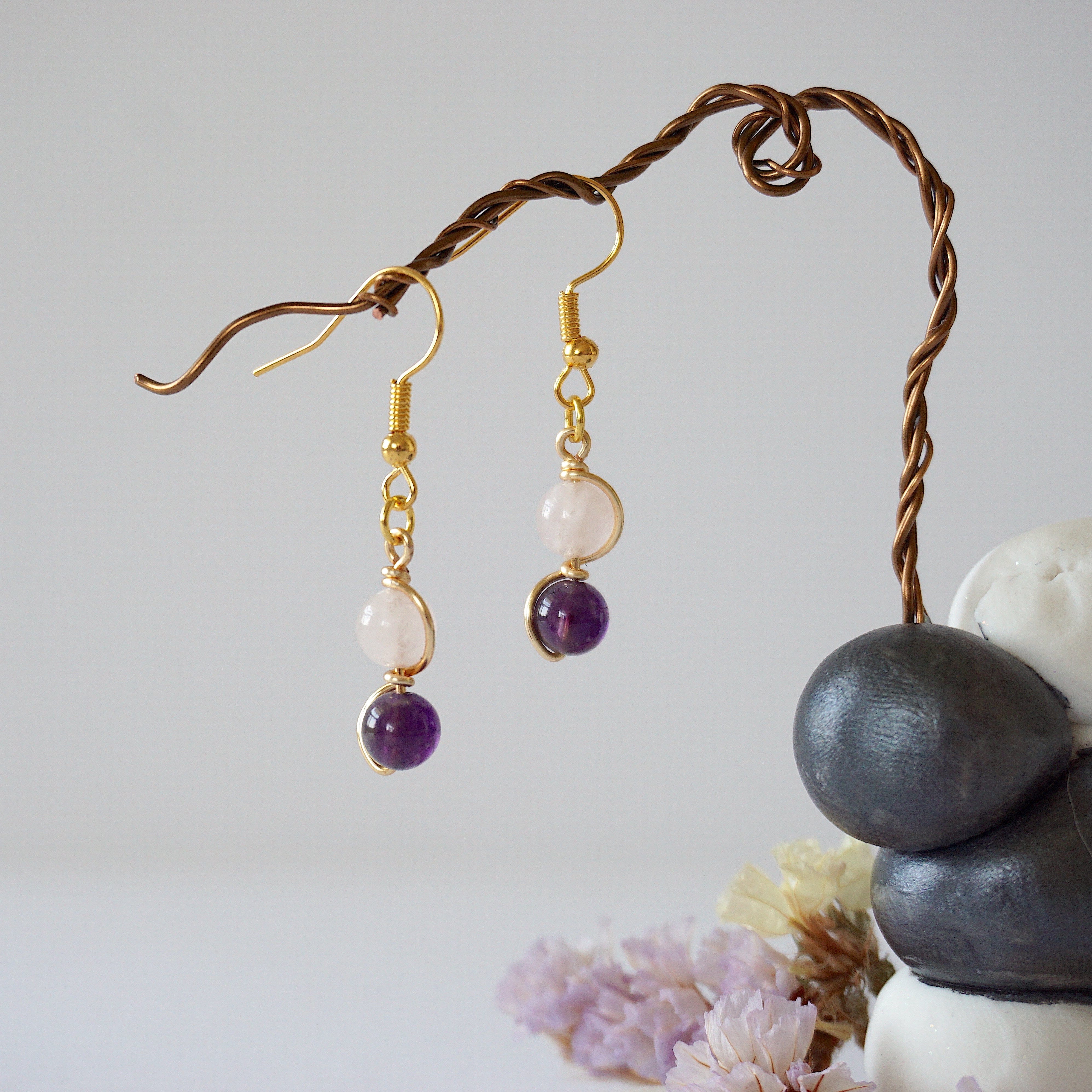 Rose Quartz & Amethyst Drop Earrings - Gold Plated Double Bead Dangle Jewelry for Women | Perfect for Weddings, Parties & Everyday Elegance