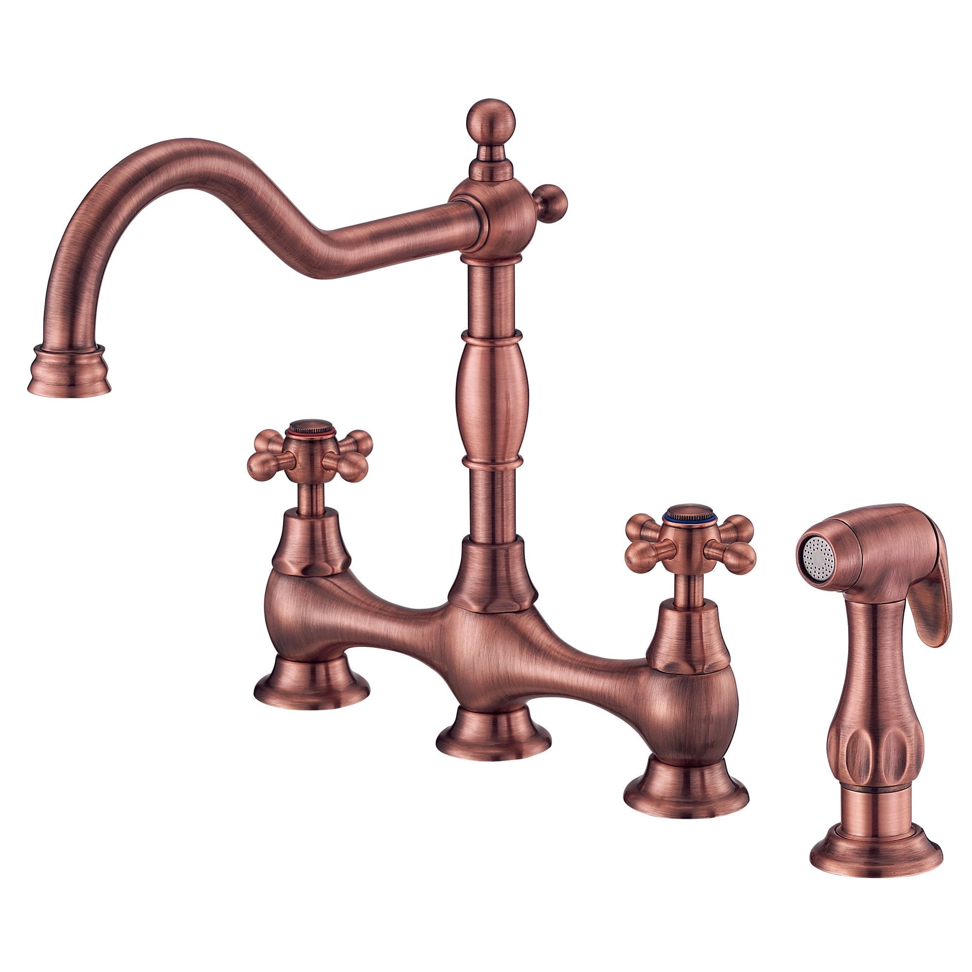 Danze Opulence Antique Copper Cross Handle Bridge Kitchen Faucet with Pull Down Sprayer - Vintage Style for Farmhouse & Traditional Kitchen Sinks
