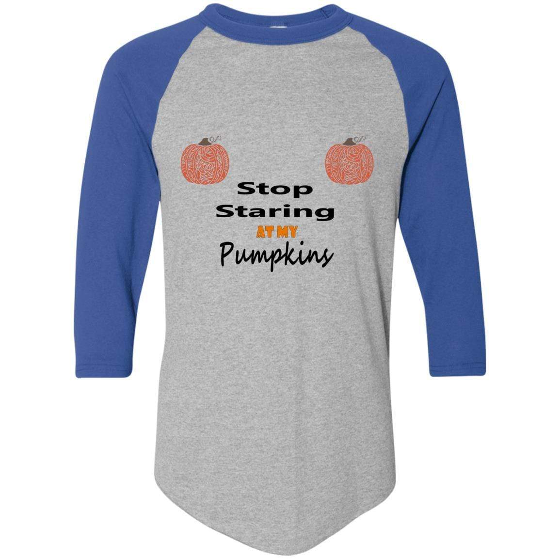WineyBitches.Co Stop Staring At My Pumpkins Colorblock Raglan Jersey - Trendy Women's Fall Sweatshirt for Halloween, Thanksgiving & Cozy Seasonal Outfits
