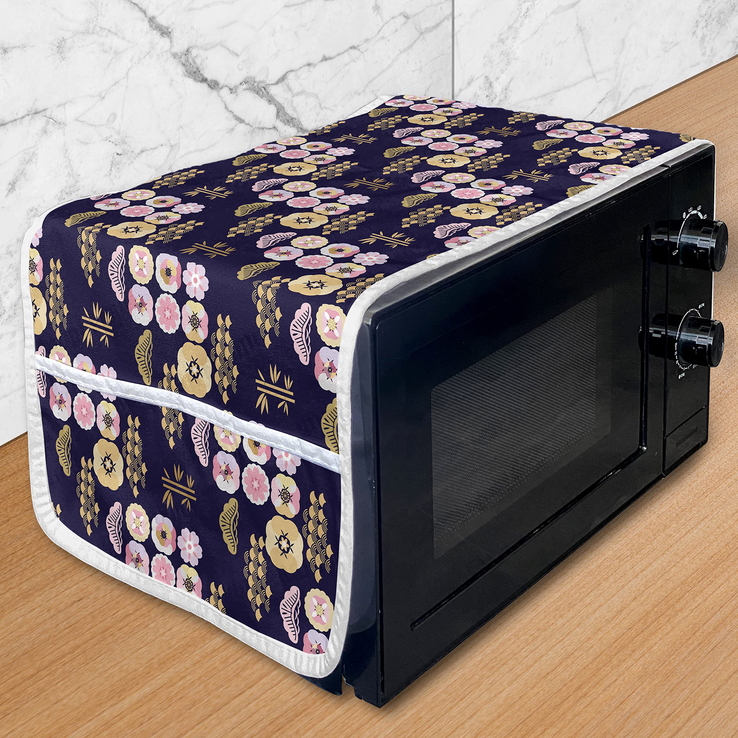 Ambesonne Japanese Art Microwave Oven Cover - Sakura Flowers, Clouds & Waves Print, Water Resistant Kitchen Organizer with Pockets, 36