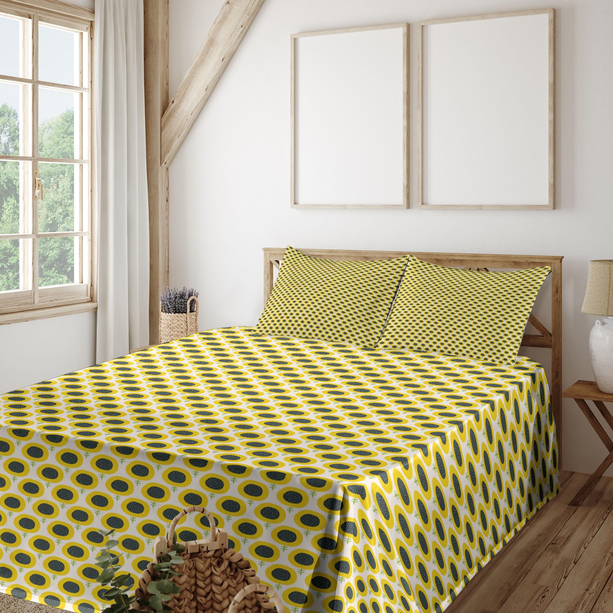 Ambesonne Floral Sheet Set 4-Piece King Size - Doodle Sunflowers Harvest Design, Dark Teal Green & Yellow - Fitted & Flat Sheets with Pillowcases - Perfect for Playroom, Gardening Theme Bedroom or Boho Chic Decor