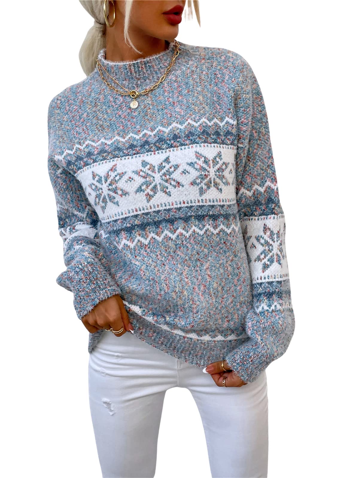 Women's Snowflake Christmas Sweater - Cozy Long Sleeve Knitted Pullover Crewneck Loose Jumper Top for Holiday Party & Winter Outfits