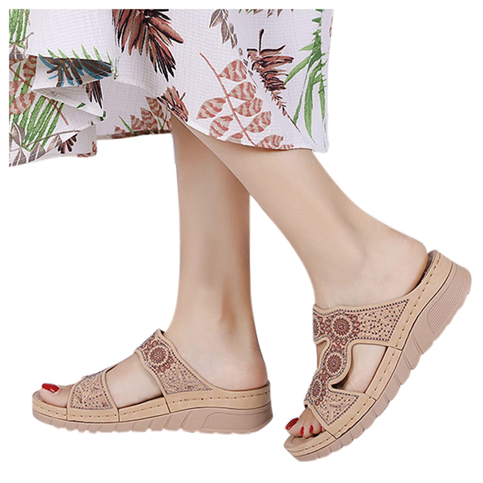Teshalay Women's Flower Platform Sandals - Open Toe Casual Flip Flops for Summer, Beach, and Outdoor Wear - Comfortable Slip-On Wedge Sandals for Women