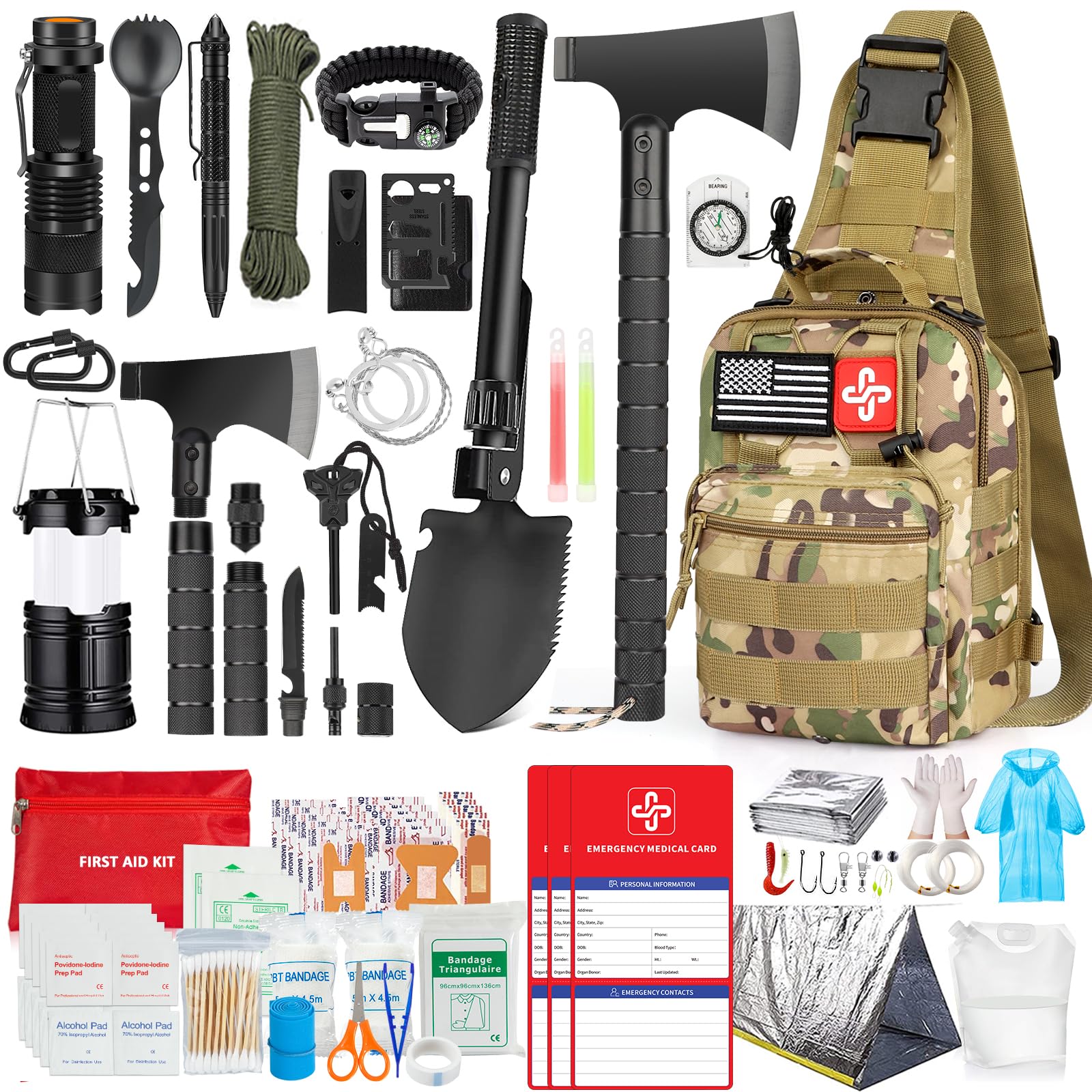 262Pcs Survival Kit with First Aid Kit, Emergency Tent, Camping Axe & Shovel - Portable Crossbody Bug Out Bag for Outdoor Adventures, Hiking, Camping & Emergency Preparedness (Gifts for Men & Women)