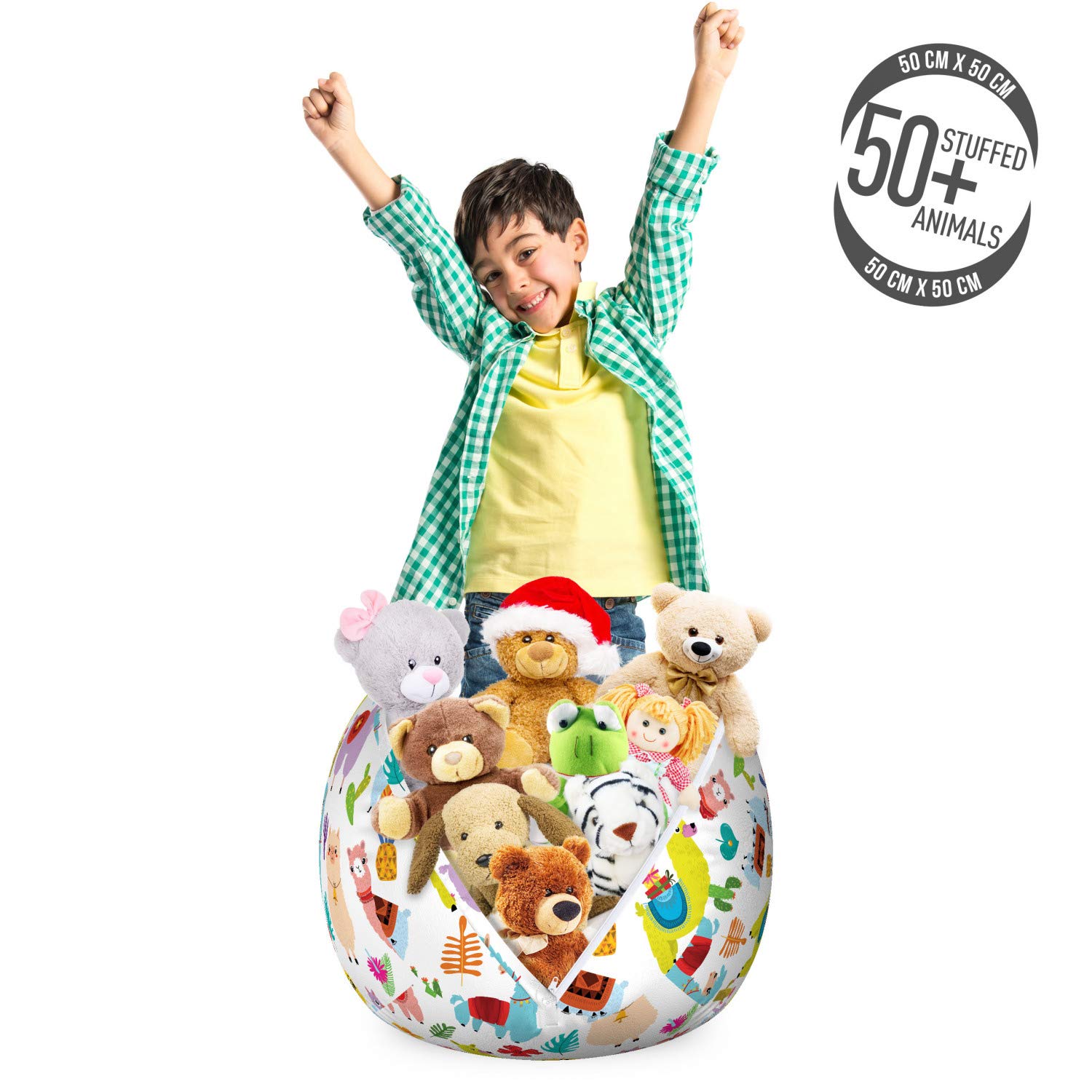 Ambesonne Animal Storage Toy Bag Chair - Washable Stuffed Animal Organizer with Llama Alpaca Cactus Leaves Design, Small Multicolor for Kids Playroom & Nursery Organization