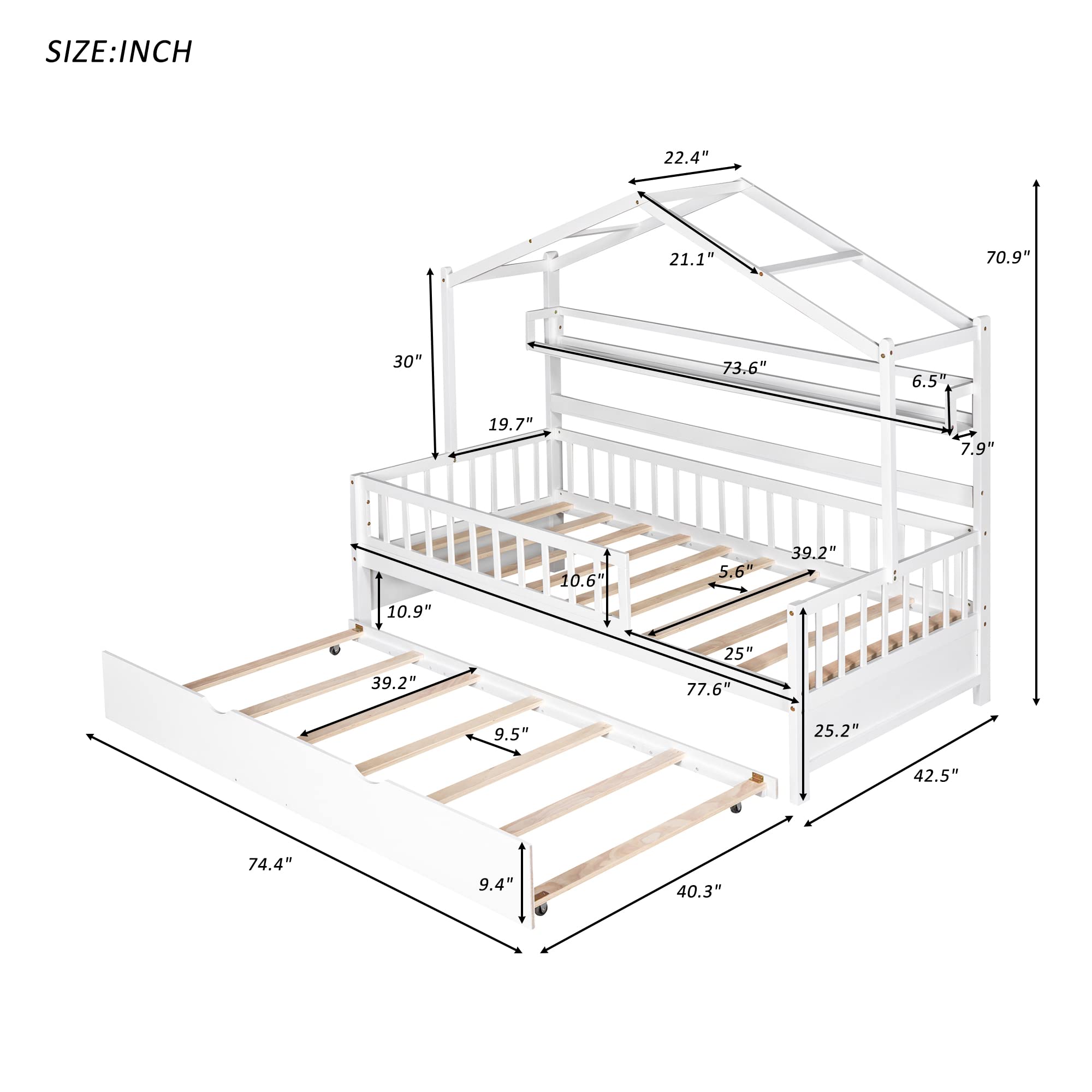 Harper & Bright Designs Twin House Bed with Trundle - White Wooden Kids Bed Frame with Built-in Shelf & Roof - No Box Spring Needed - Perfect for Small Bedrooms, Playrooms & Kids' Dream Spaces (Twin Size)